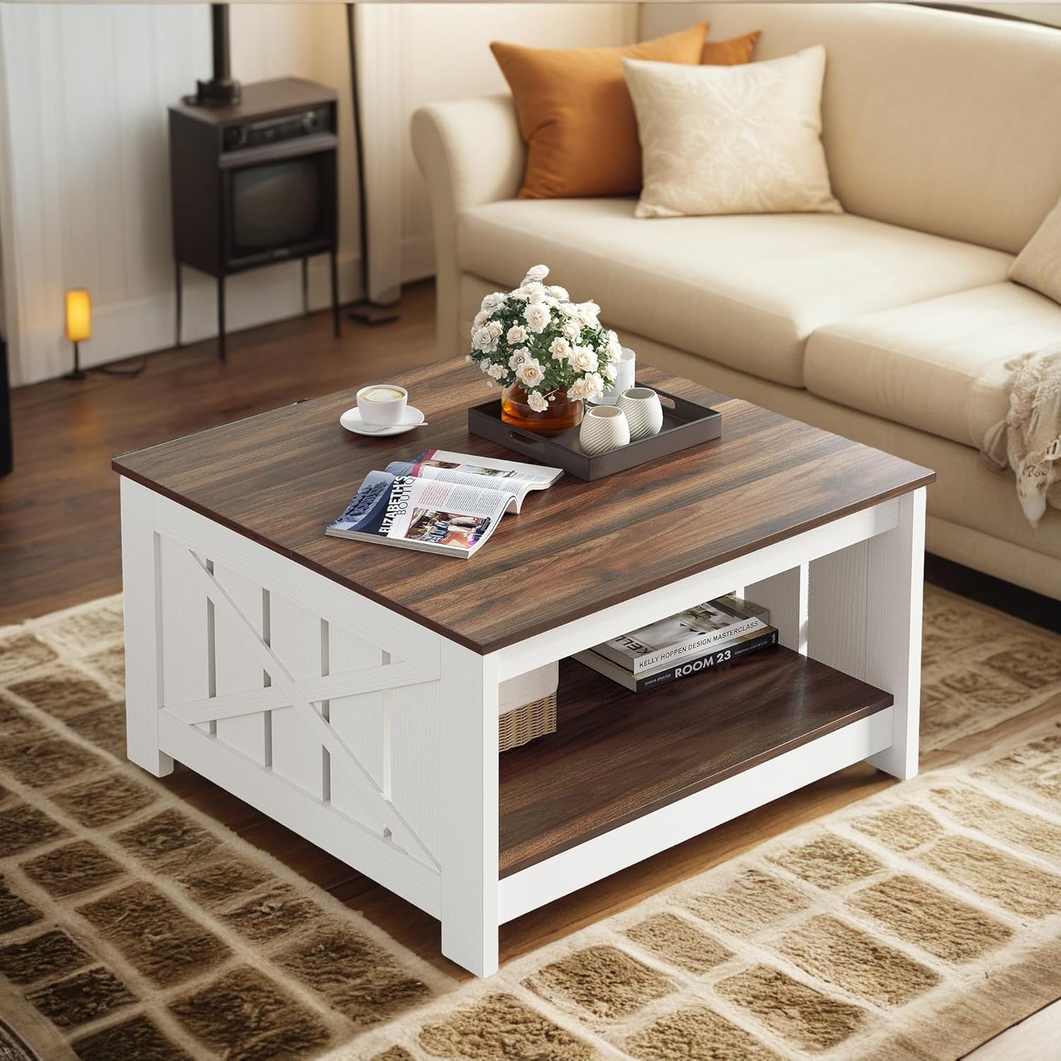Coffee table in a living room setting, highlighting spacious tabletop and large open space