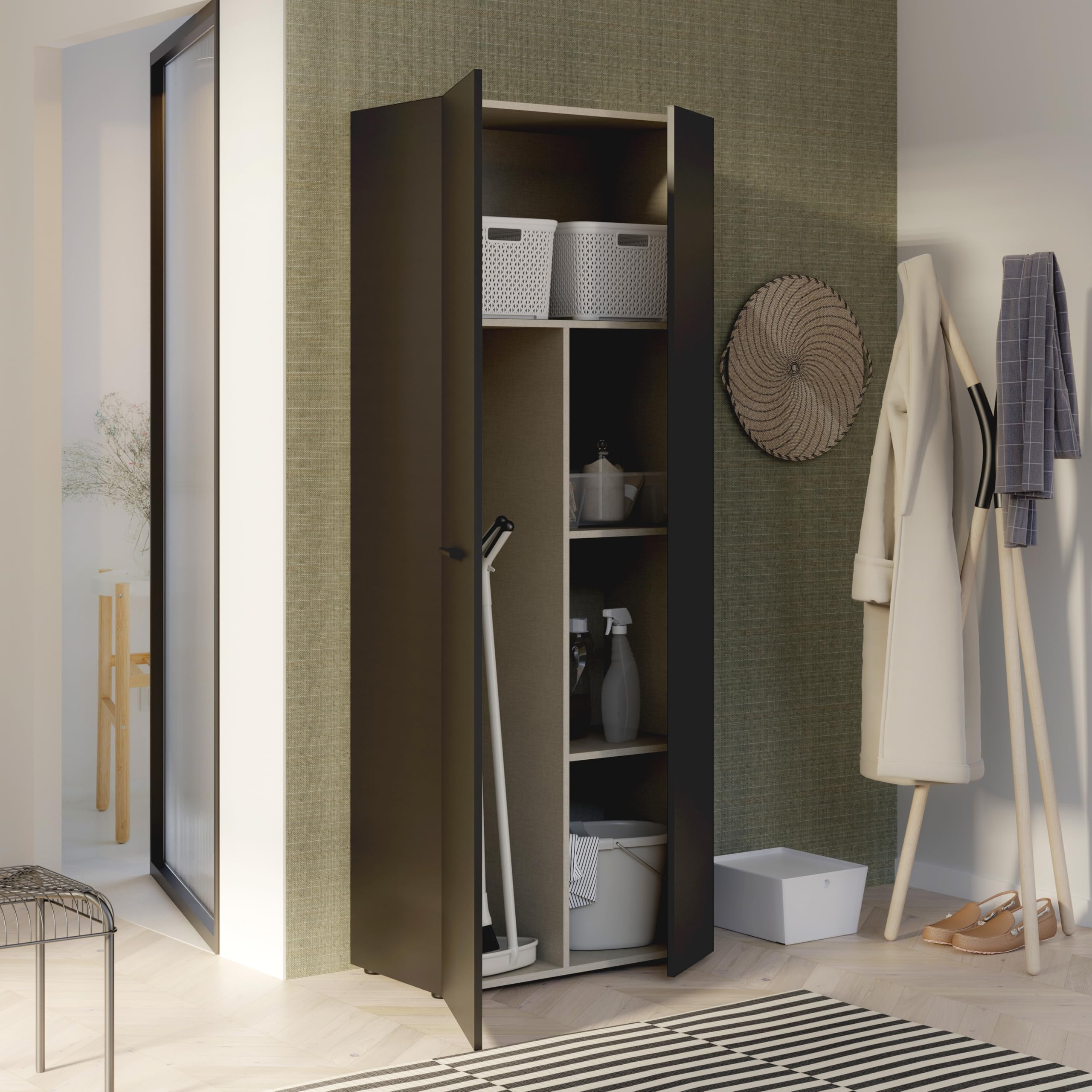 AVANTI TRENDSTORE - Feena - Armadio multiuso a 2 ante battenti con 3 ripiani, in legno laminato di colore nero. Dimensione LAP 68,7x181,1x36,5 cm