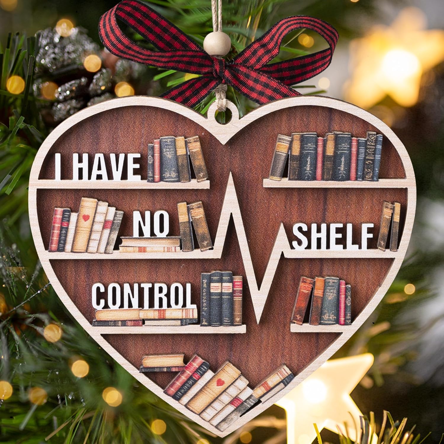 Book Ornament, 3D Wooden Book Ornaments for Christmas Tree, Book Lovers Gifts for Women, Bookish Gifts for Librarian, Reader, Reading Accessories, I Have No Shelf Control