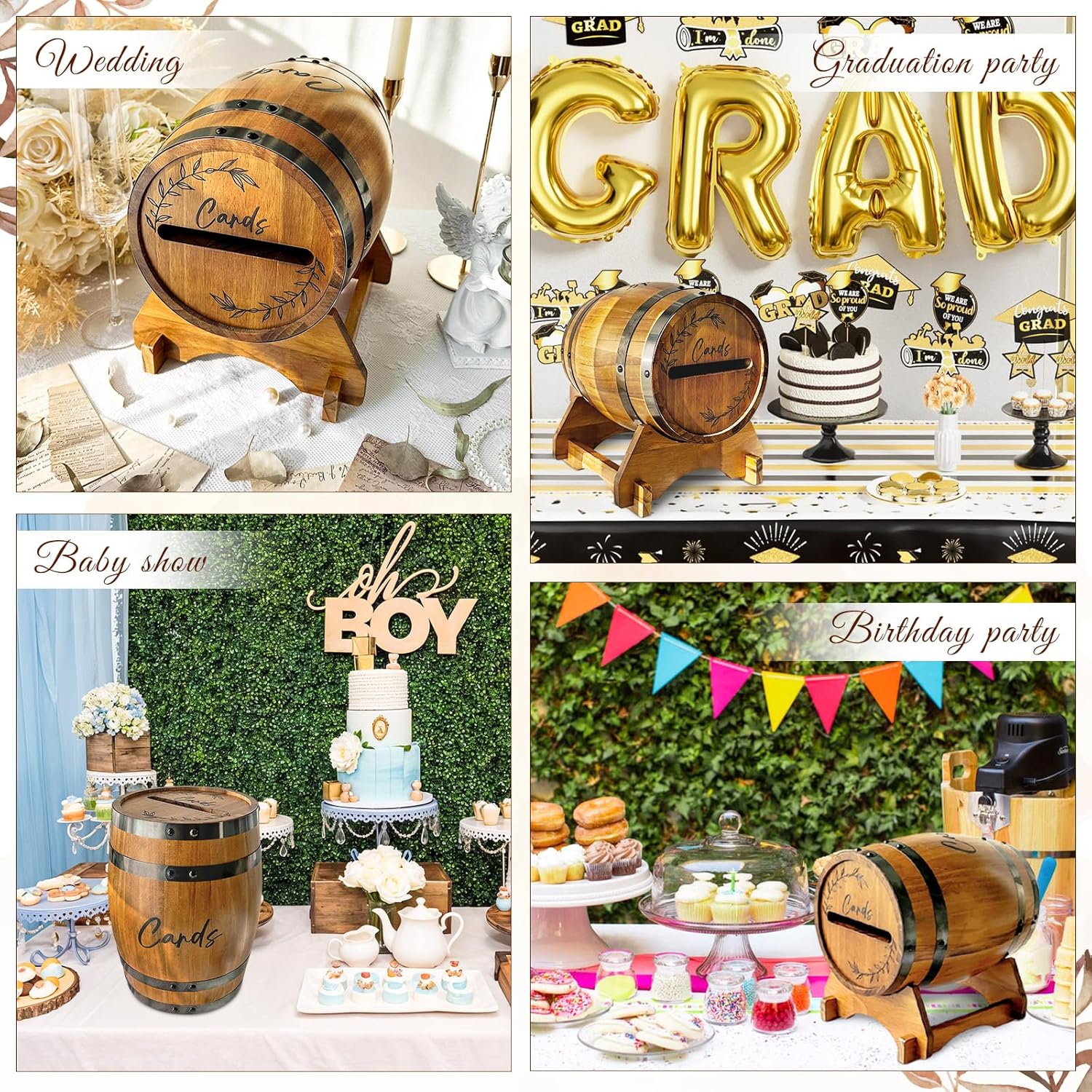 Wooden Wedding Card Box for Reception, Whiskey Barrel Gift Card Box for Party, Money Envelope Boxes with Slot & Holder for Graduation Bridal Shower Birthday Wedding Decor