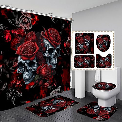 Helloween - Juego de 4 cortinas de ducha con diseño de calavera, diseño de calavera y rosa roja, antideslizante, cubierta para tapa de inodoro,