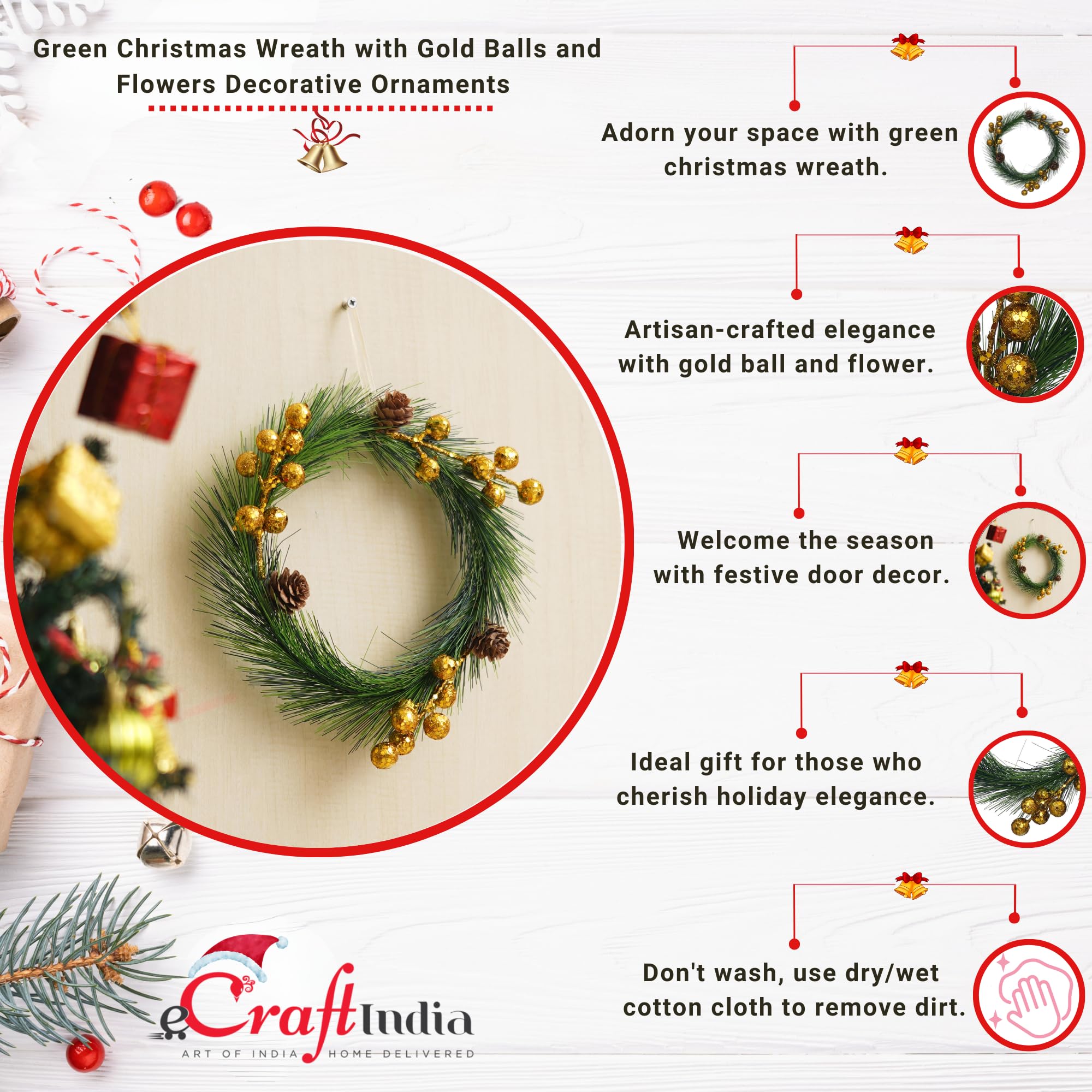 eCraftIndia Green Merry Christmas Wreath with Golden Balls Flowers | Wreaths for Front Door Garland | Xmas Gifts Ornaments Props | Merry Christmas Decorations Items for Home 3