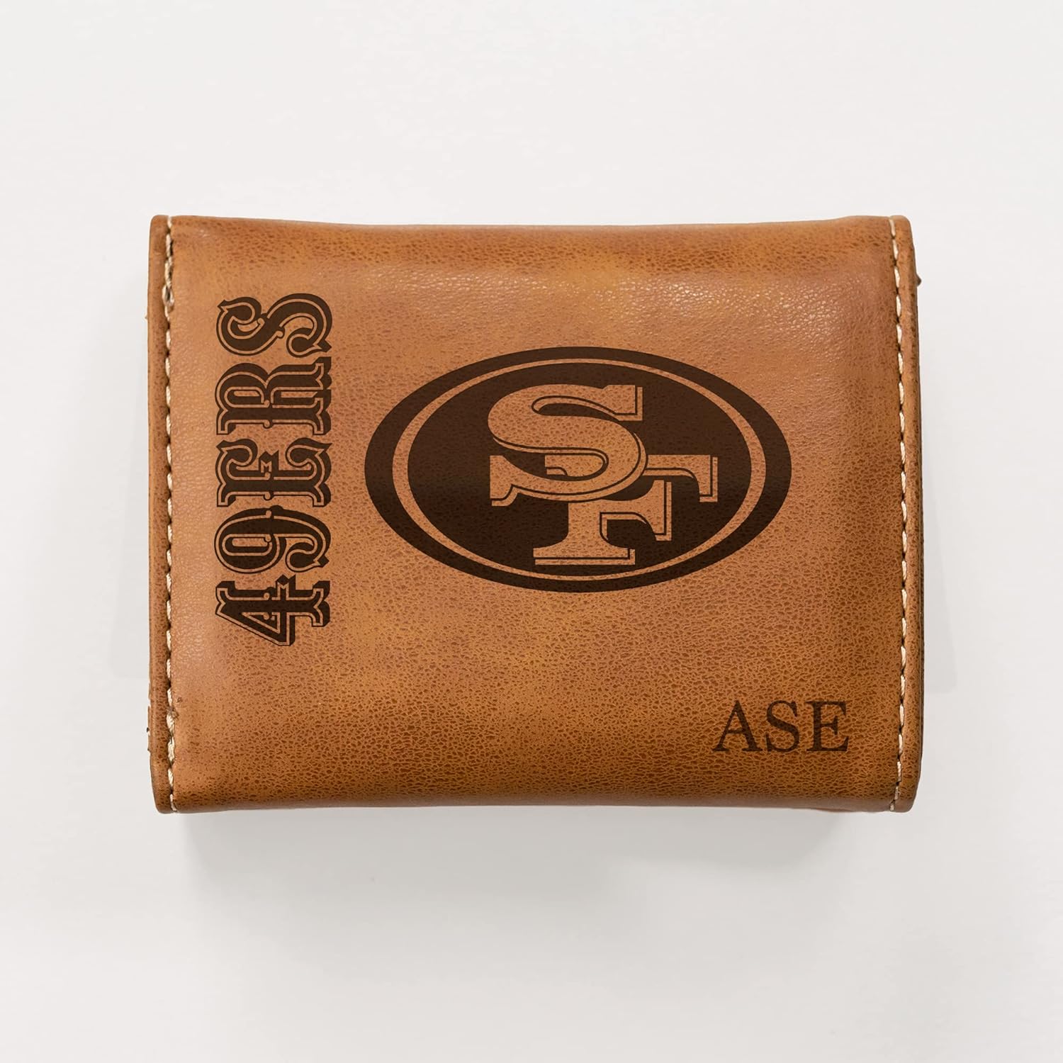 Rico Industries NFL Football San Francisco 49ers Brown Personalized-Custom Laser Engraved Faux Leather Tri-fold Wallet - Slim Wallet