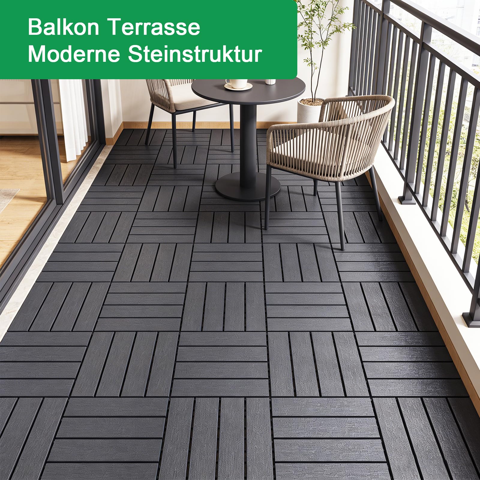 Nicoman Lot de 12 dalles de terrasse en PVC avec système à clic - 30 x 30 cm - Imperméables et antidérapants - Surface aspect pierre - Revêtement de sol pour balcon, terrasse, jardin et piscine (noir