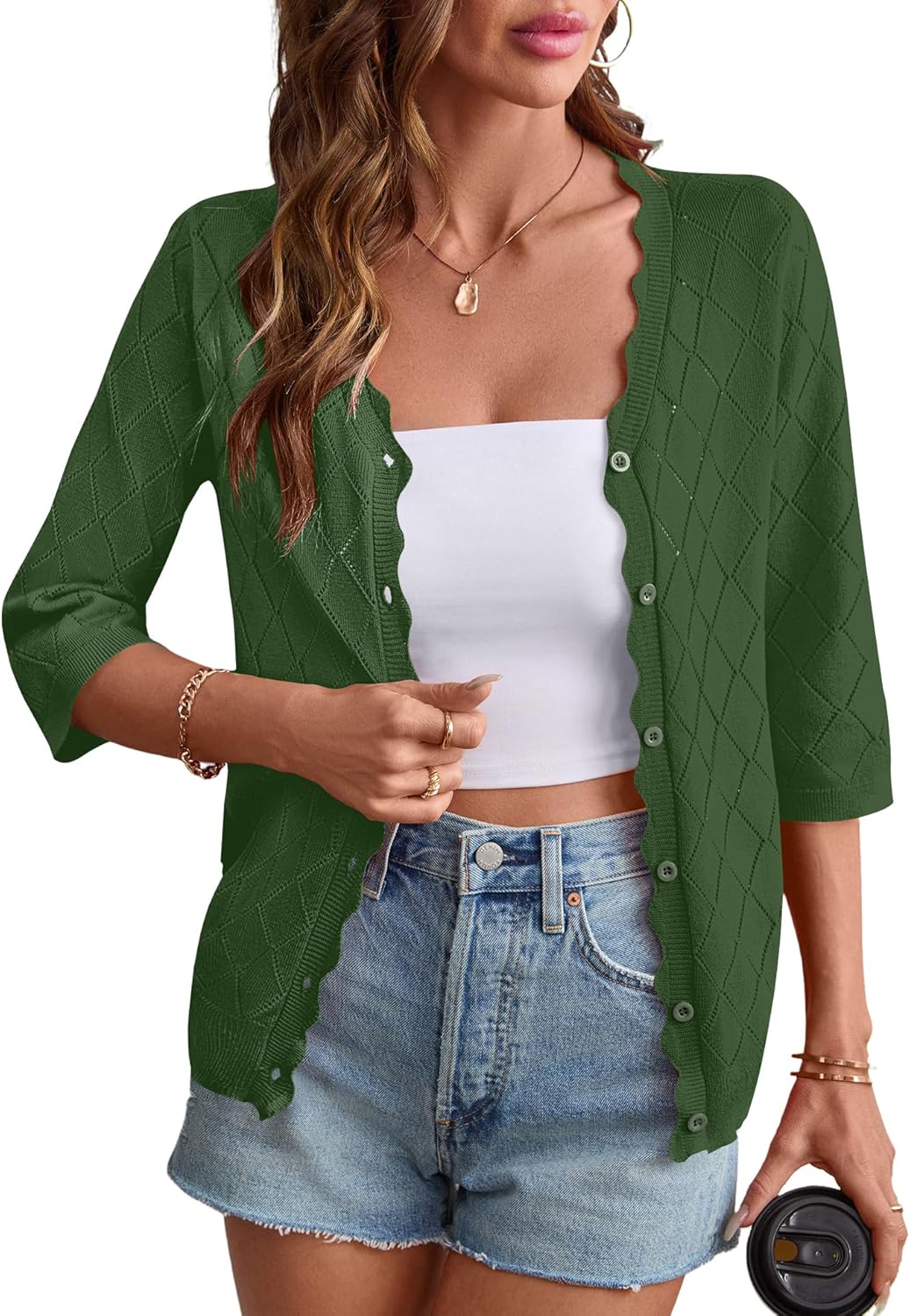 Rapbin Cardigans for Women Lightweight 3/4 Sleeve Crochet Textured Shrug for Dresses Open Front V Neck Button Down Top