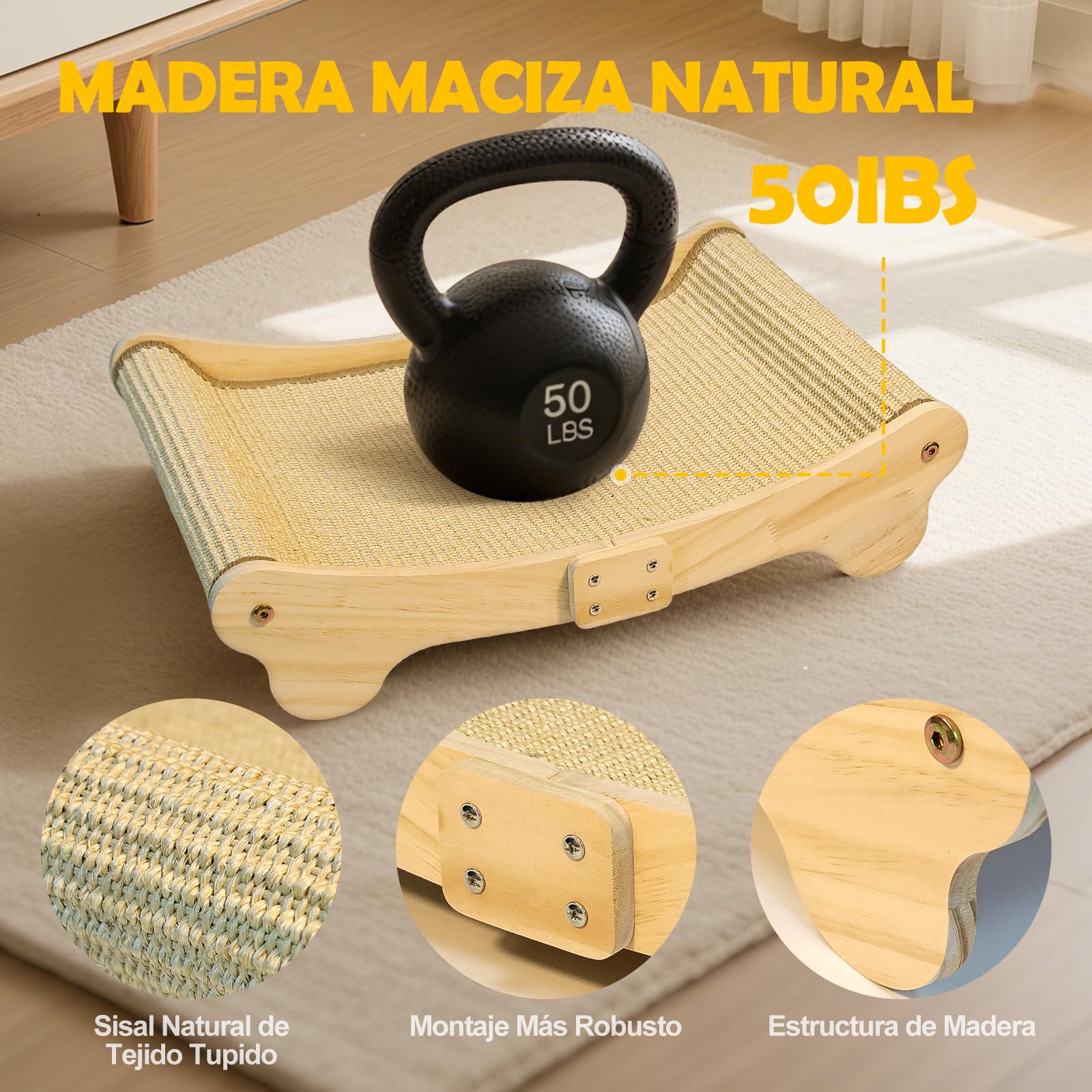 DONWEI Rascador para Gatos Sisal, Cama para Gatos Madera, Diseño Curvo de 160°, Tapete Sisal Natural, Tamaño Grande 60 x 37 x 14 cm, Sofá Rascador, Protector de Muebles