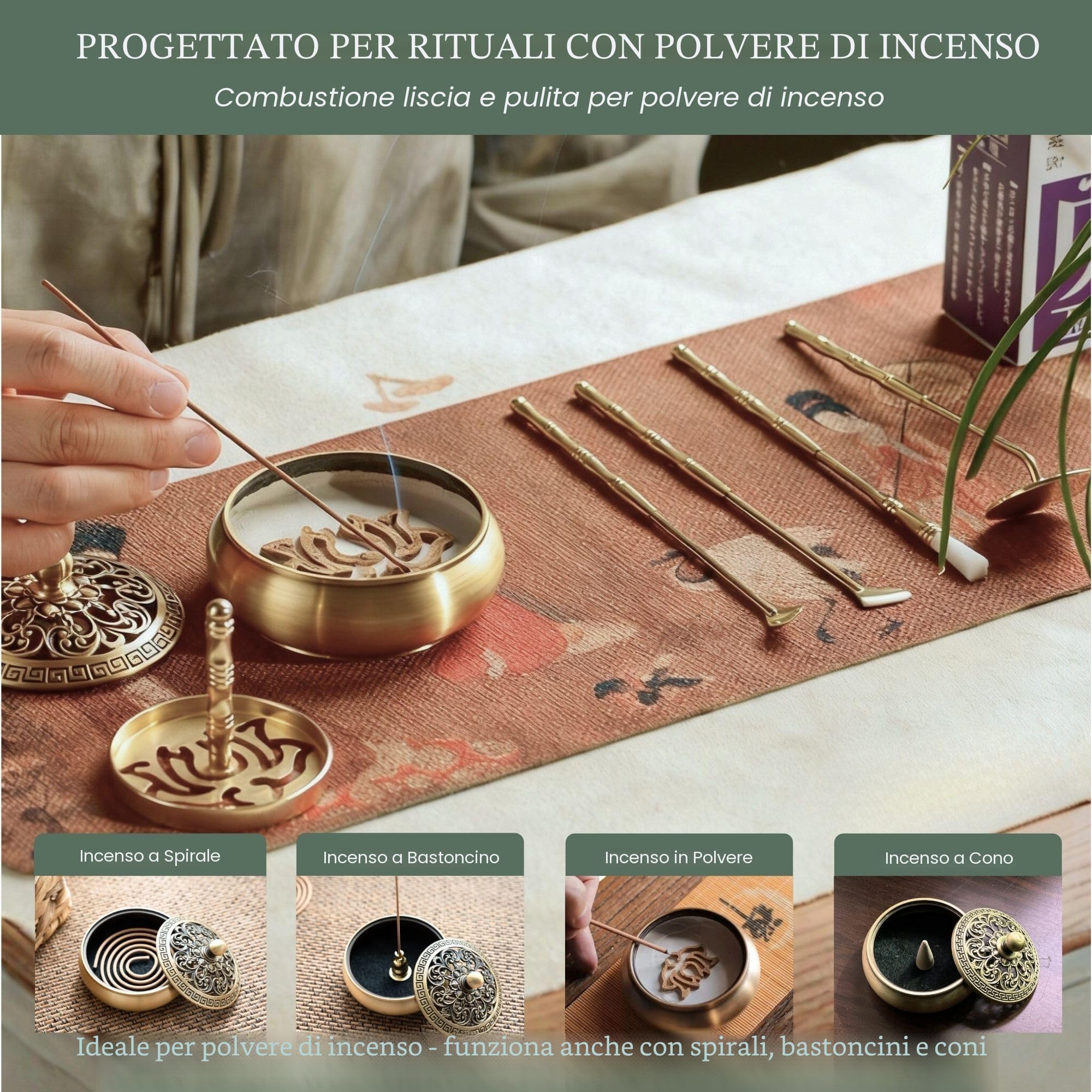 Kit bruciatore di incenso in polvere con incensiere in ottone, strumenti per ceneri di incenso e pressa per stampi, confezione regalo completa per meditazione, yoga e relax a casa
