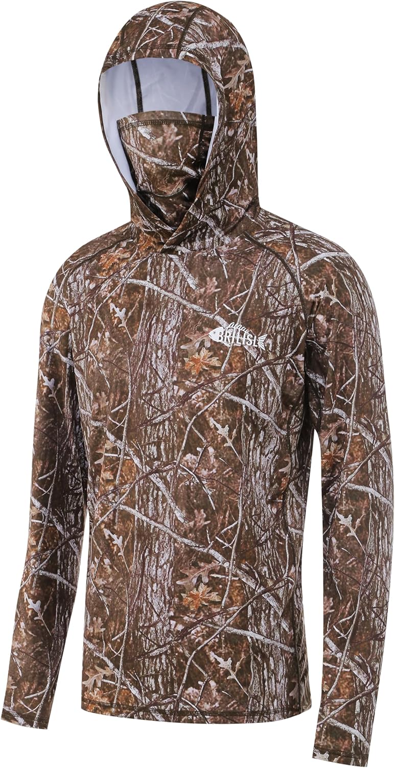 UPF 50+ Sun Protection Long Sleeves Hunting & Fishing Shirts for men, Camo Hoodie with Built-In Face Mask