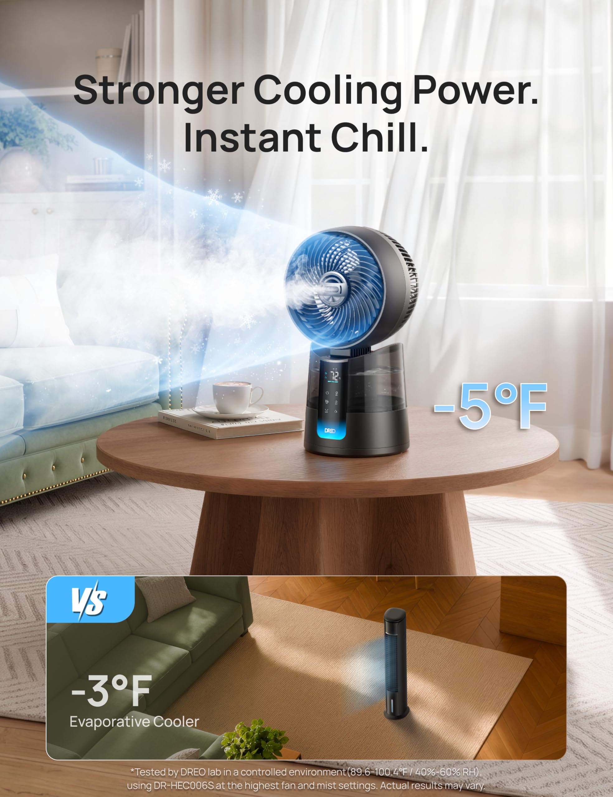 Dreo TurboCool Ventilador 516S, ventilador mesa oscilación 150° + 30°, enfriador evaporativo 7,9 m/s, niebla ultrafina, silencioso 20 dB, 6 velocidades, 2 modos, control app + mando.