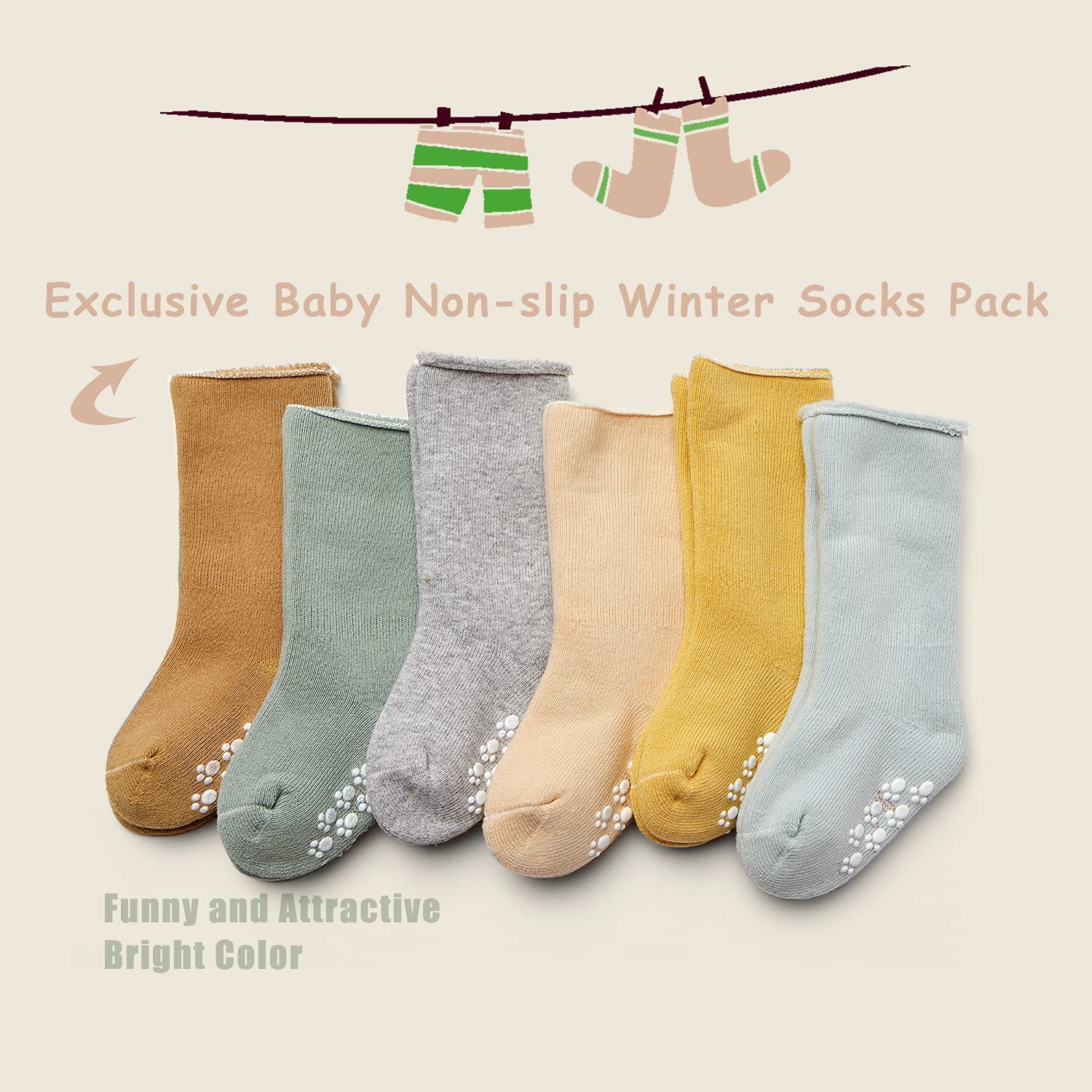 Baby Non-Slip Winter Warm Socks With Grips for Boys - Thicken Terry 6 Pack 12-24 Months