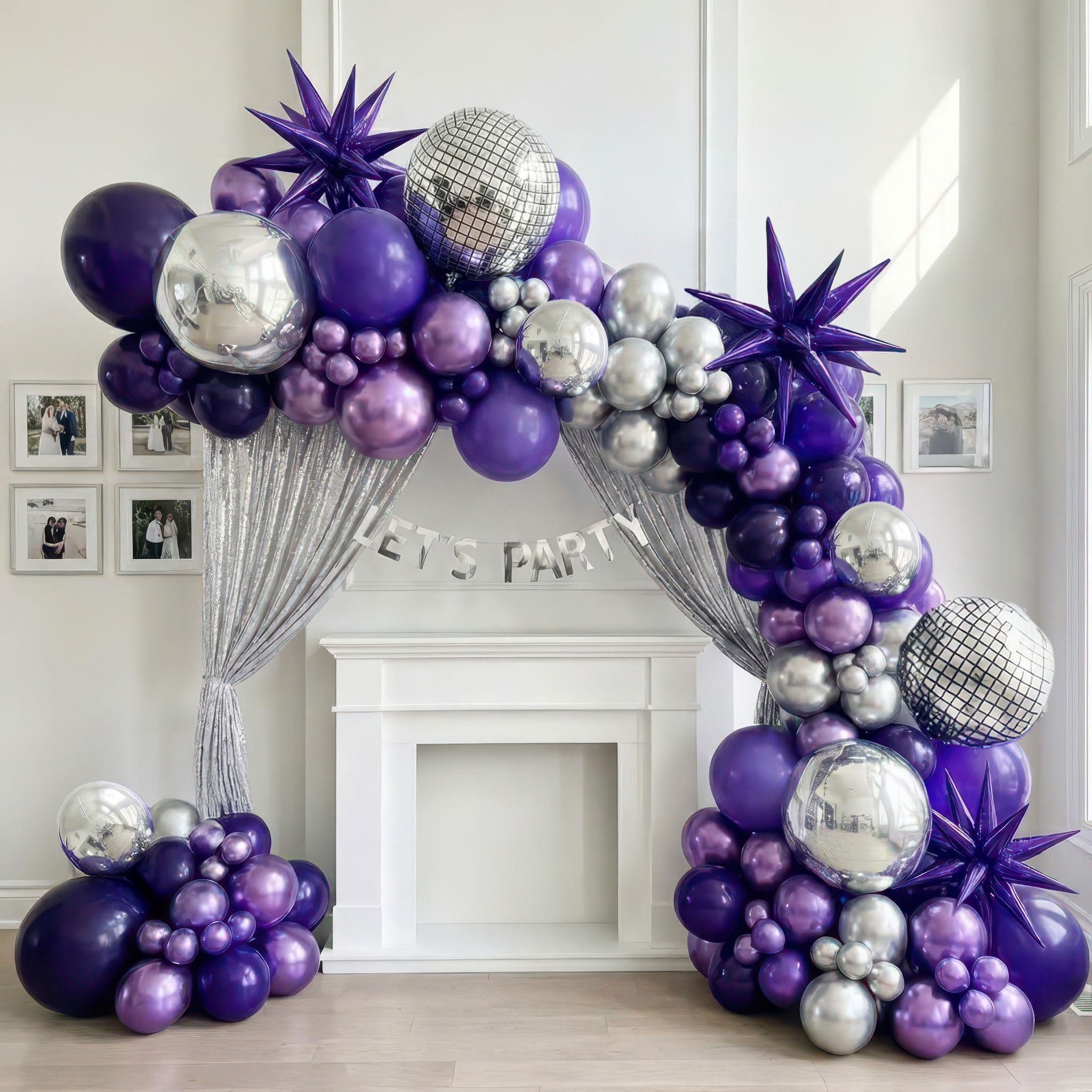 yeewaka chrome purple silver disco balloon garland arch kit 120pcs dark purple & metallic purple balloons with disco ball star balloons for birthday