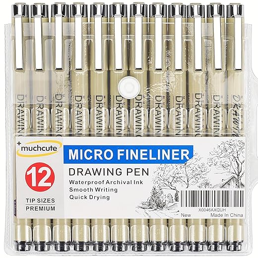 Muchcute Micro Fineliner Drawing Art Pens: 12 Black Fine Line Waterproof Ink Set Artist Supplies Archival Inking Markers Liner Sketch Outline Anime Gifts Manga Sketching Watercolor Zentangle Kit Stuff