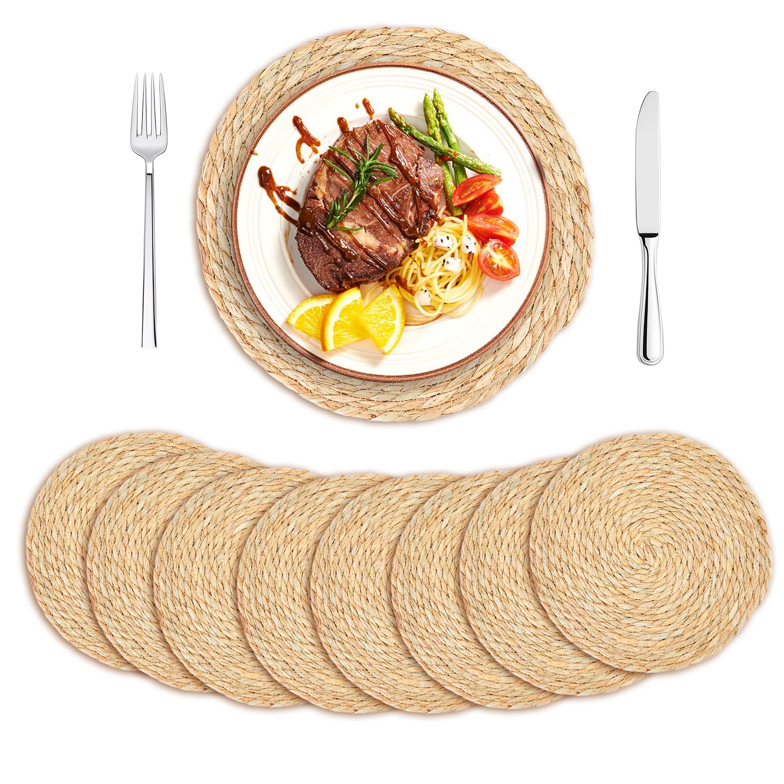 SHILIPAIJC 8pcs Round Woven Placemats, 30cm Rattan Placemats Table Placemat