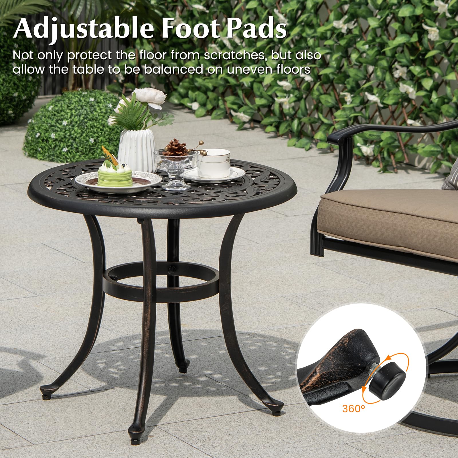 GIANTEX Gartentisch wetterfest Garten Bistrotisch aus Aluminiumguss runder Balkontisch mit verstellbaren Fußpolstern Terrassentisch Outdoor Beistelltisch 60 x 60 x 53 cm antike für Garten Bronze