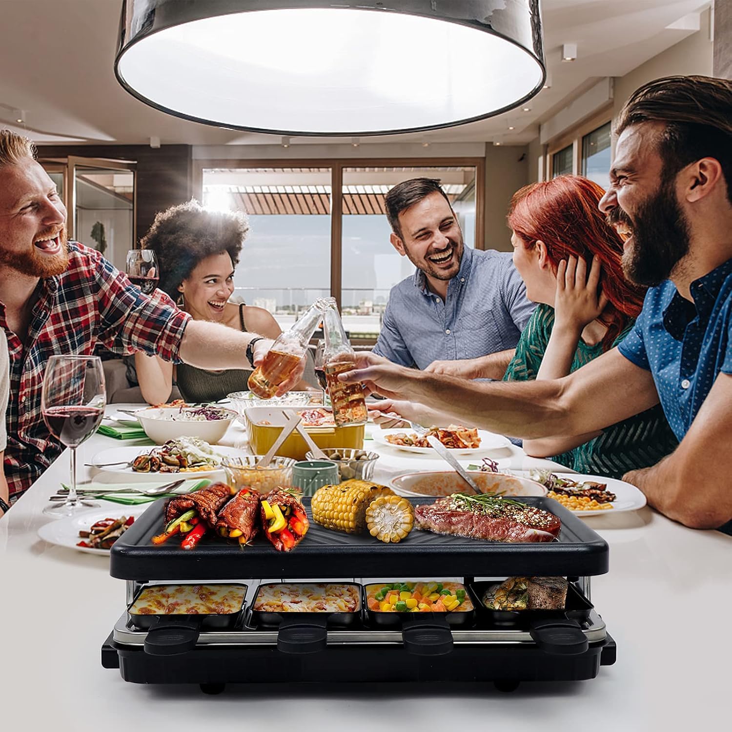 Máquina de parrilla interior para 8 personas 8 mini sartenes antiadherentes para raclette platos de queso cocina fiesta cocina cocina salud parrilla eléctrica sin humo 1 sartén para bistec 4 espátula