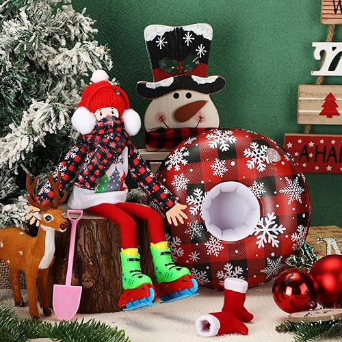 Miniatura 4 de Juego de 9 accesorios de muñeca elfo de Navidad, incluye orejeras, bufanda, suéter, bota, tubo de nieve inflable, máscara, sombrero, patines de