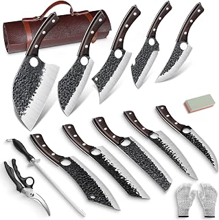DRGSKL Hand-Forged Serbian Chef Knife Set - 10pc High Carbon Steel Butcher Knives with Leather Bag, Ultra-Sharp Viking Cleavers for Meat Trimming, Ideal Dad Gift