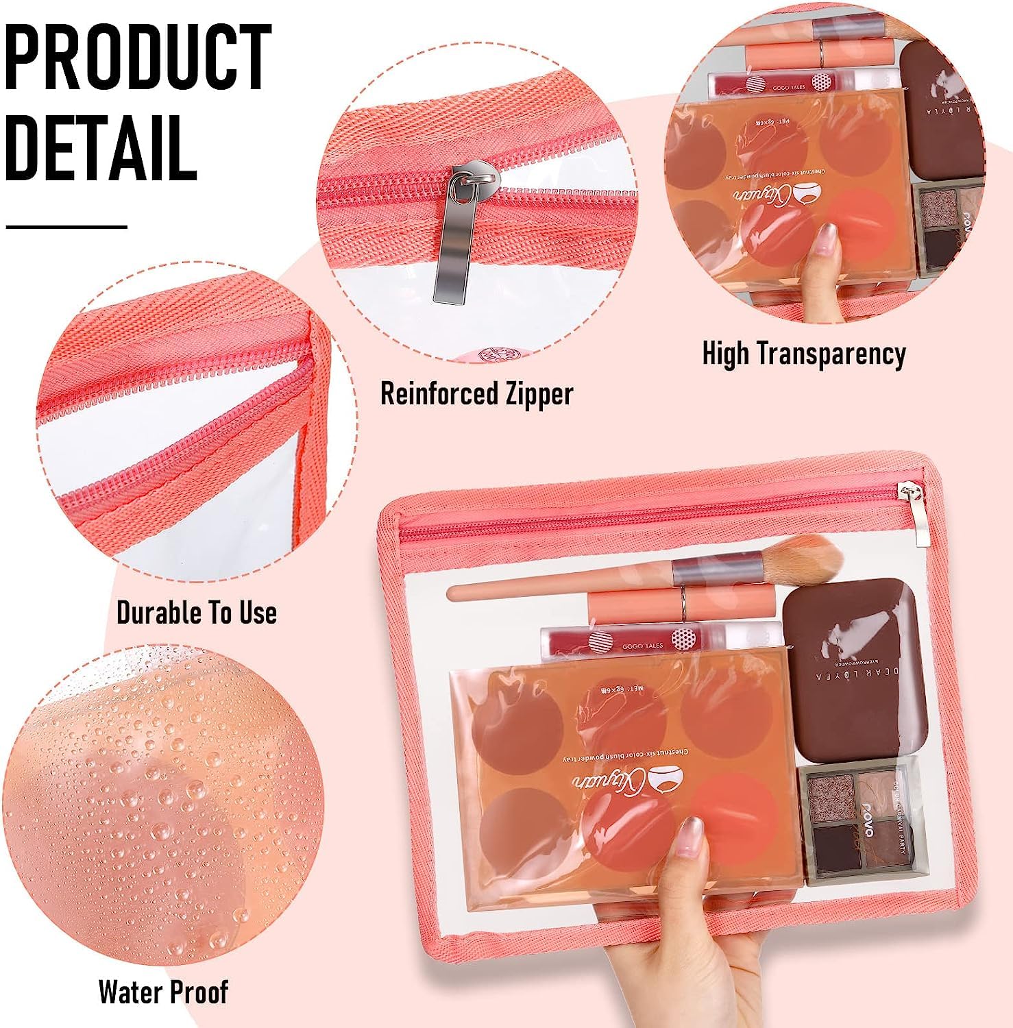 FRENYEAR Transparent Makeup Bags Cosmetic Makeup Bags | Clear PVC with Zipper Pouch Portable Travel Accessories Pouch-Black Border - Pink 1