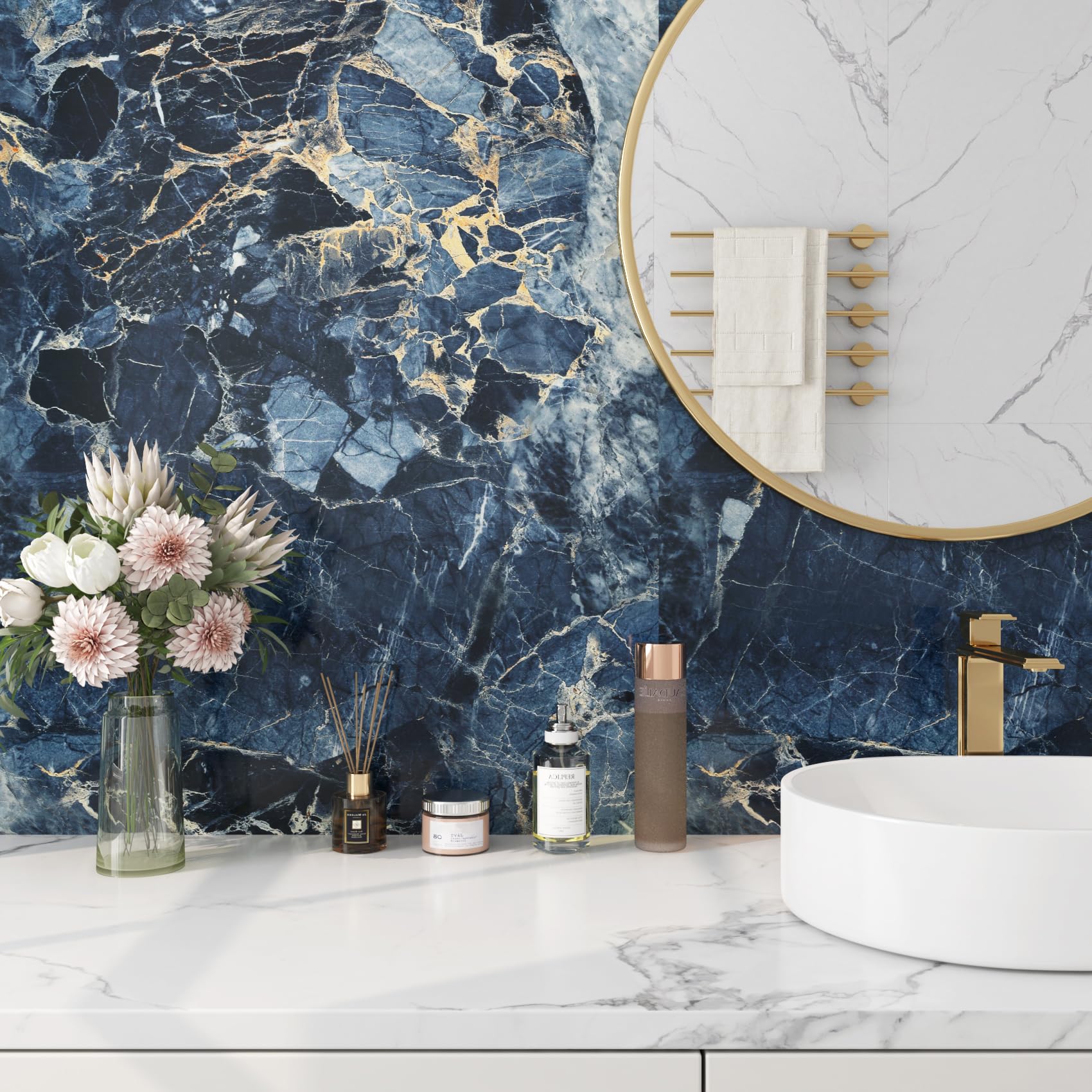LACHEERY Carta da parati in vinile color blu scuro e oro, 400 x 91 cm di larghezza, adatta per affittuari, piano di lavoro della cucina, stacca e attacca, impermeabile, in vinile, per controsoffitti