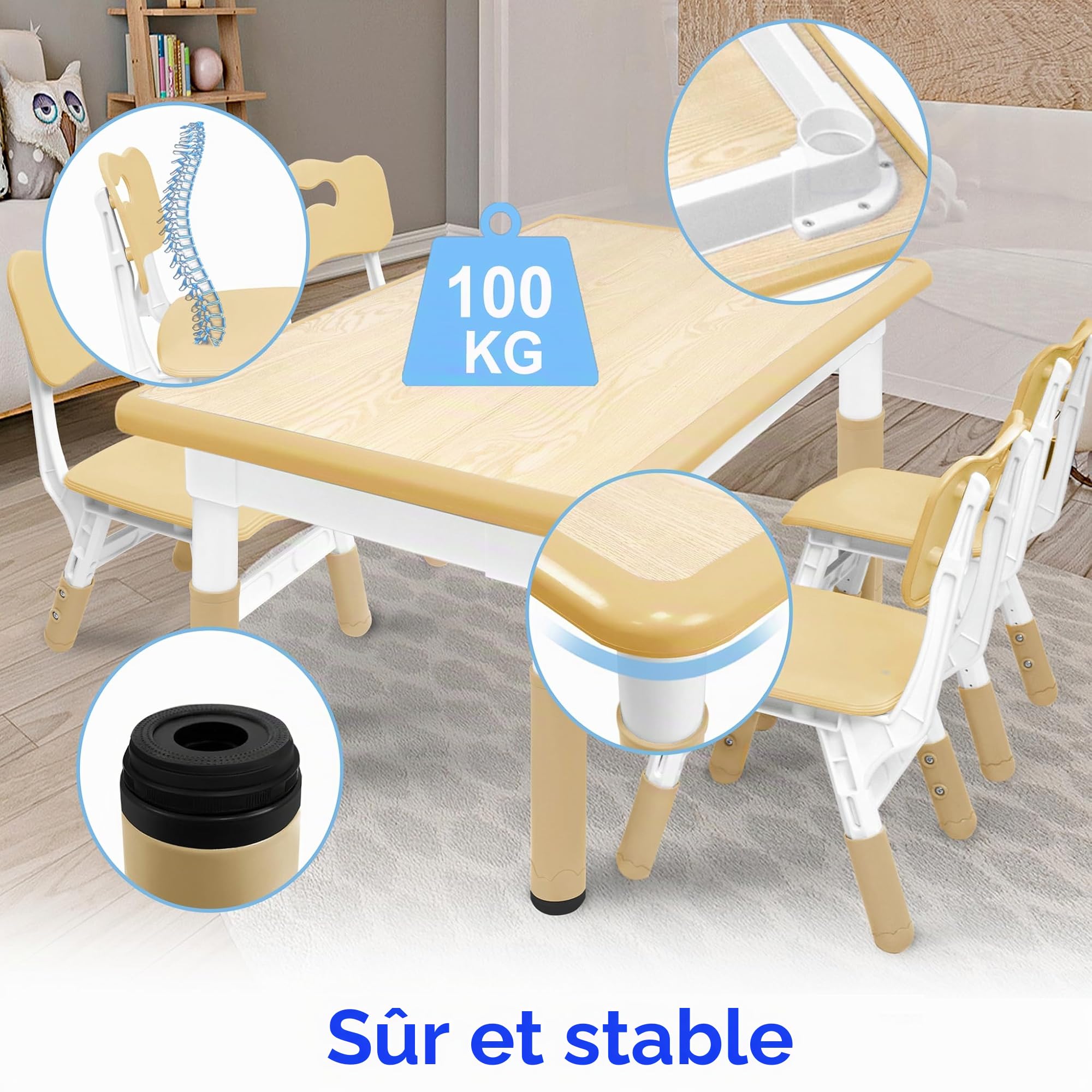 FIVMEN Table pour enfant avec 4 chaises en plastique - Hauteur réglable - Pour garçons et filles à partir de 2 ans - Couleur bois
