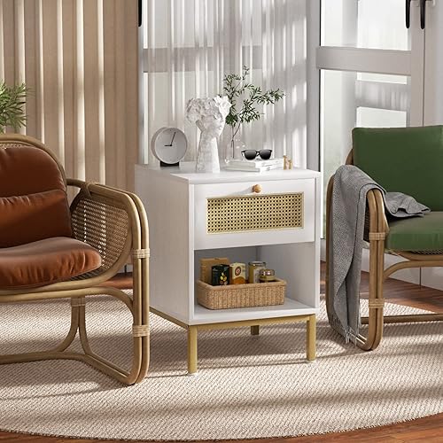 Miniatura 2 de Juego de 2 mesitas de noche blancas con estación de carga, mesita de noche de ratán con cajón de ratán, juego de 2 mesas de noche bohemias con