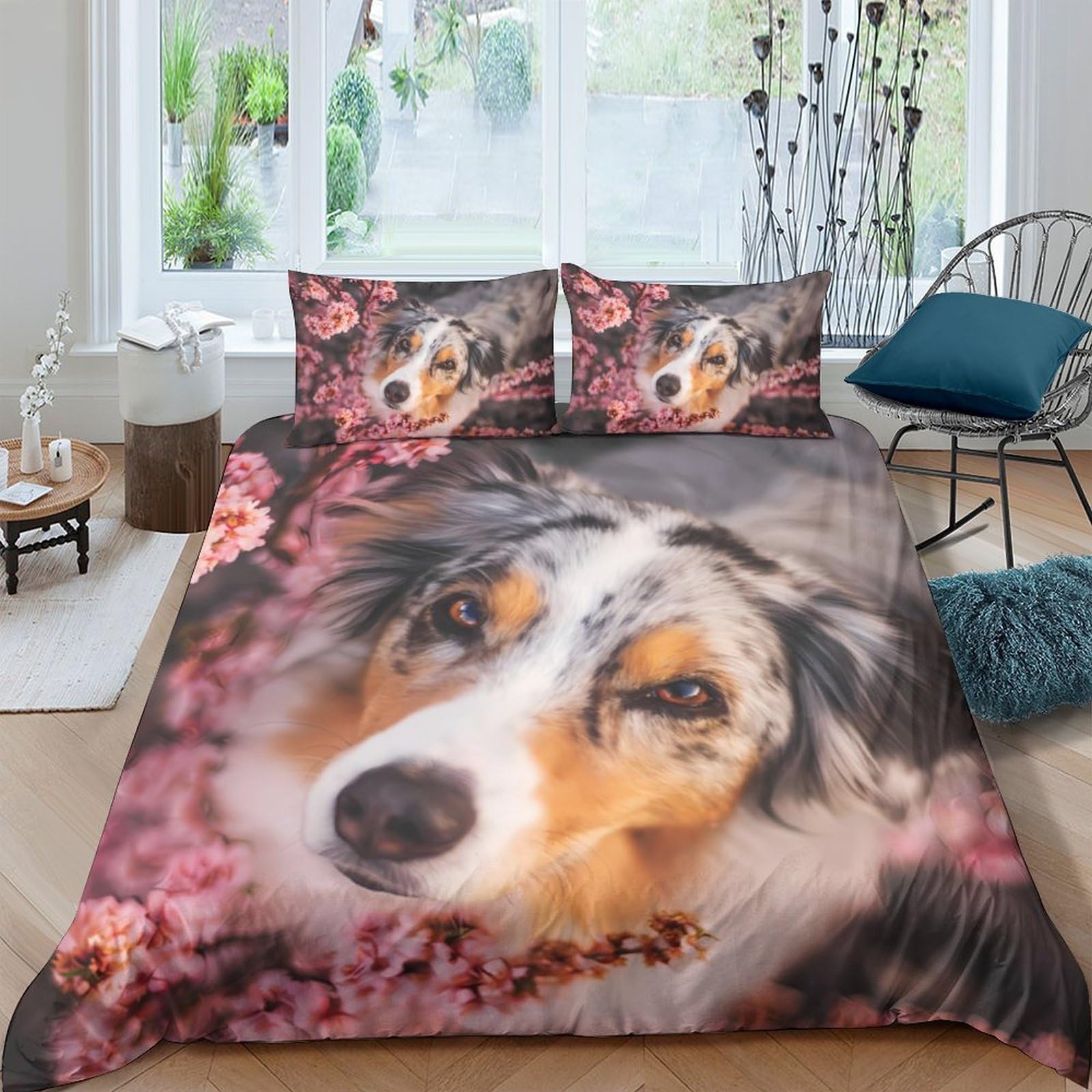 Ctjqhvkz Style-9 3D Printed Australian Shepherd Dog Fitted Sheet Microfiber Floral Mattress Cover For Bedroom Guest Room Decor Single（135X200cm）