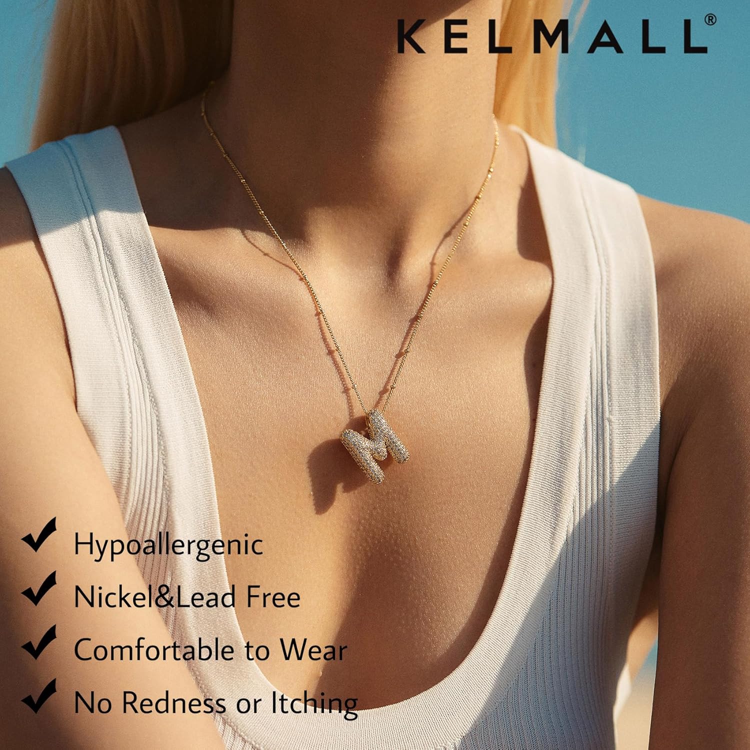 KELMALL 14K Gold/Silver Plated Chunky Bubble Initial Necklace for Women – Dainty Personalized Letter Pendant with Cubic Zirconia – Bold Statement Jewelry Gift for Her Birthday Anniversary - Image 3