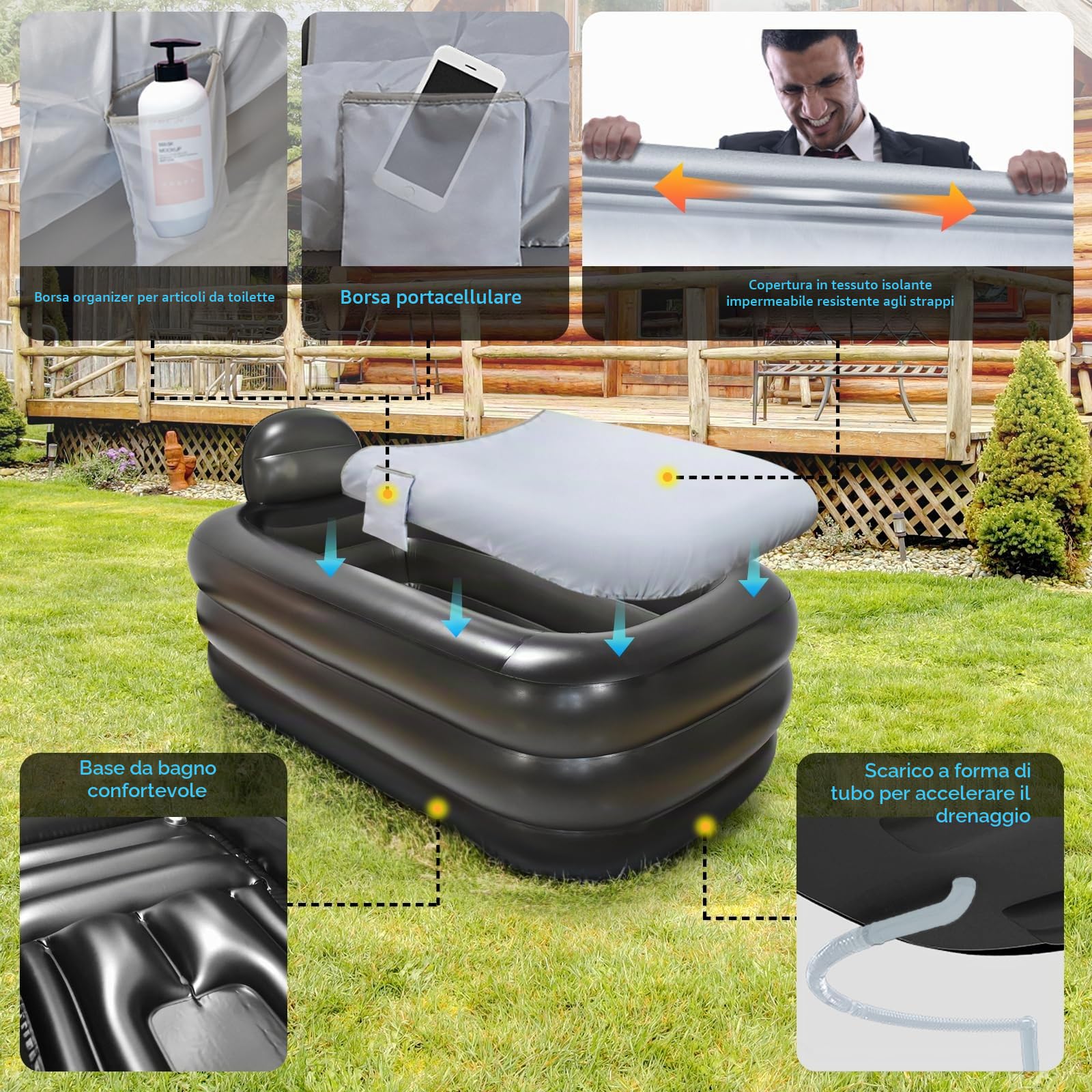 Vasca da bagno portatile per adulti, vasca da bagno per atleti, vasca da bagno gonfiabile con pompa ad aria, facile da gonfiare, scarico, vasca da immersione fredda, vasca portatile per casa SPA