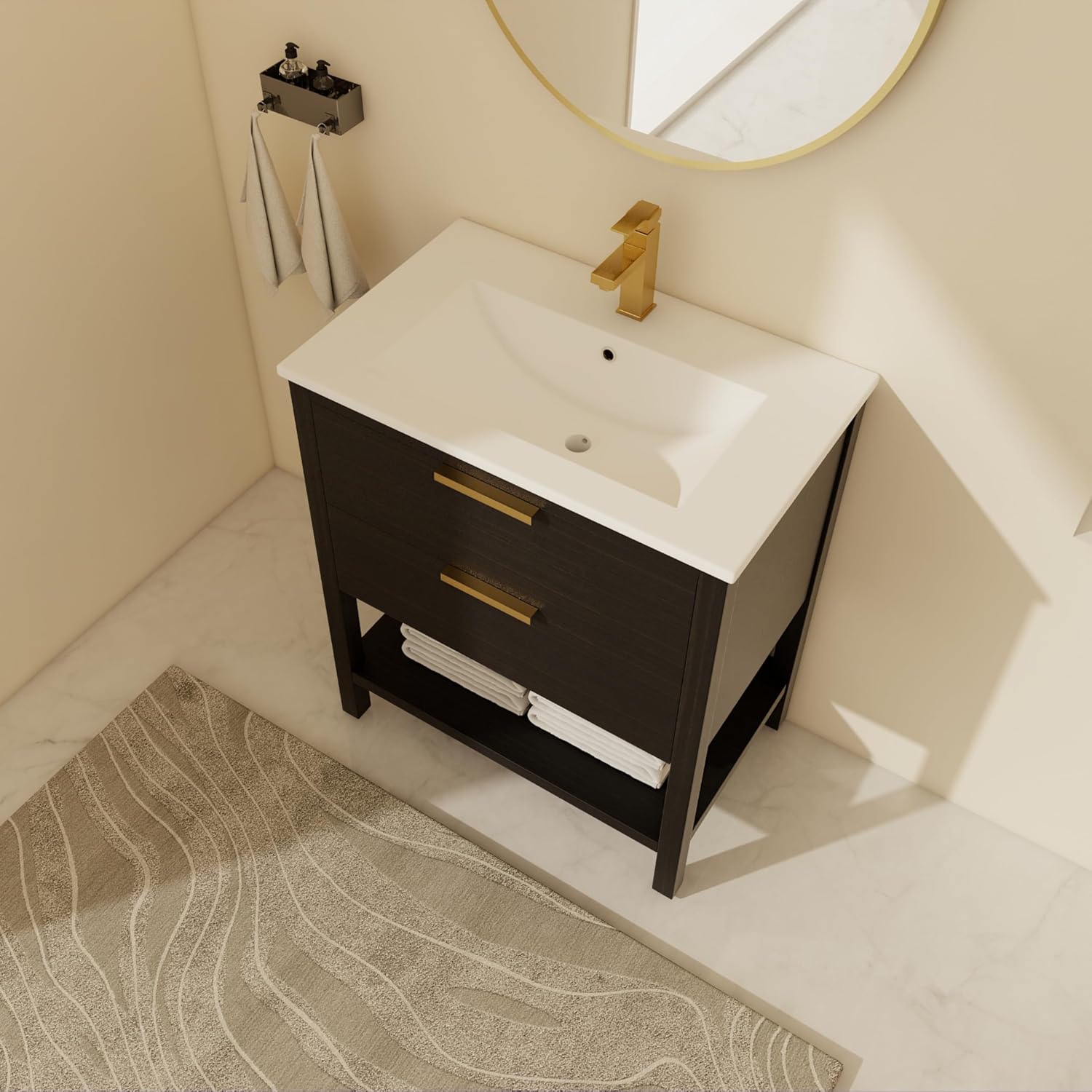 30 Inch Freestanding Bathroom Vanity with Sink, 30" Black Vanity with Drawers and Open Storage Shlef, Solid Wooden Cabinet, Ceramic Basin Sink Top, Modern Floor Stand Cabinet Set(Gold Handles)