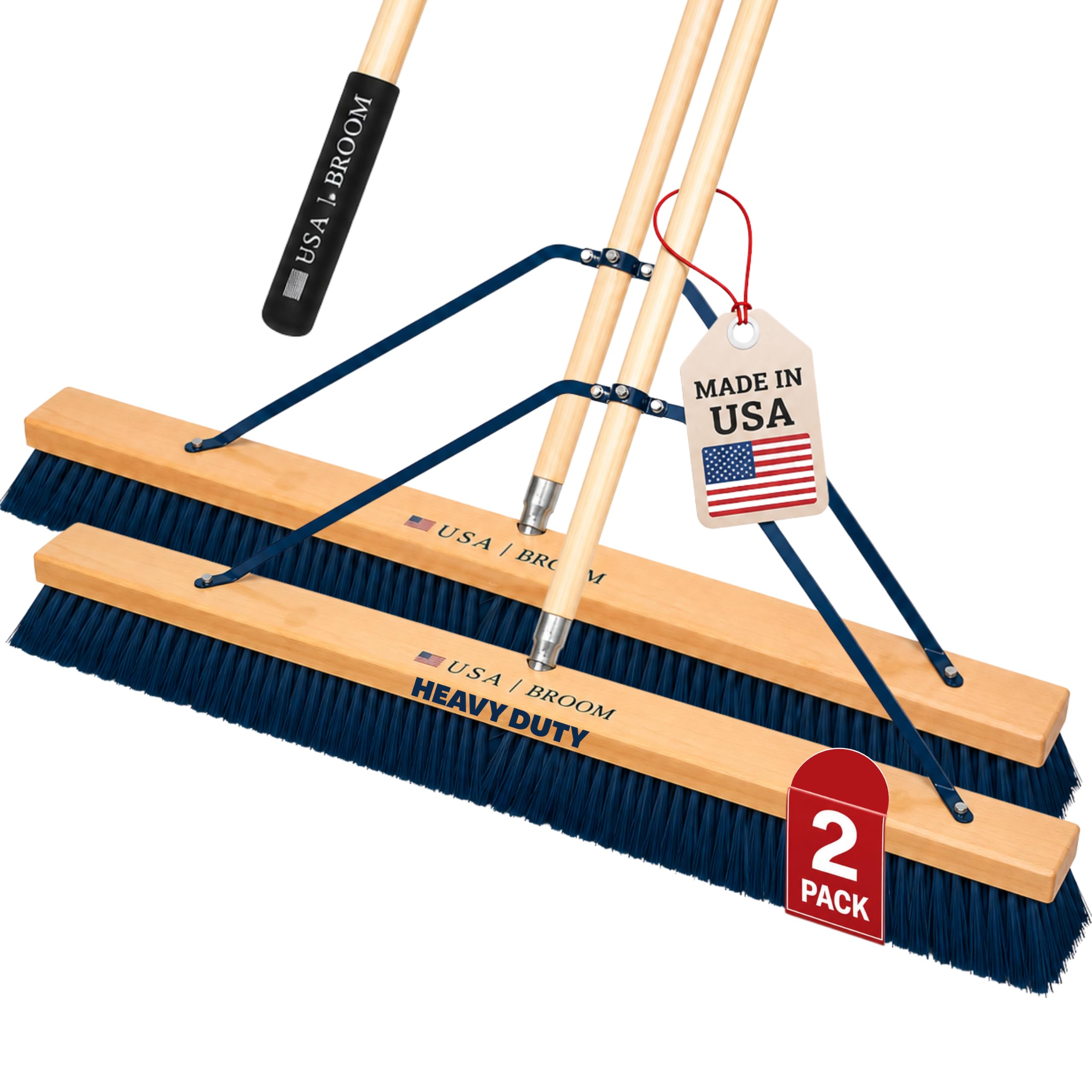 2-Pack - 36" Heavy Duty Outdoor Push Broom with 60" Handle. Ideal for Asphalt, Concrete &amp; Heavy Debris. Durable American Made Steel Brackets-Stainless Steel Hardware. No Plastic. 100% USA Made