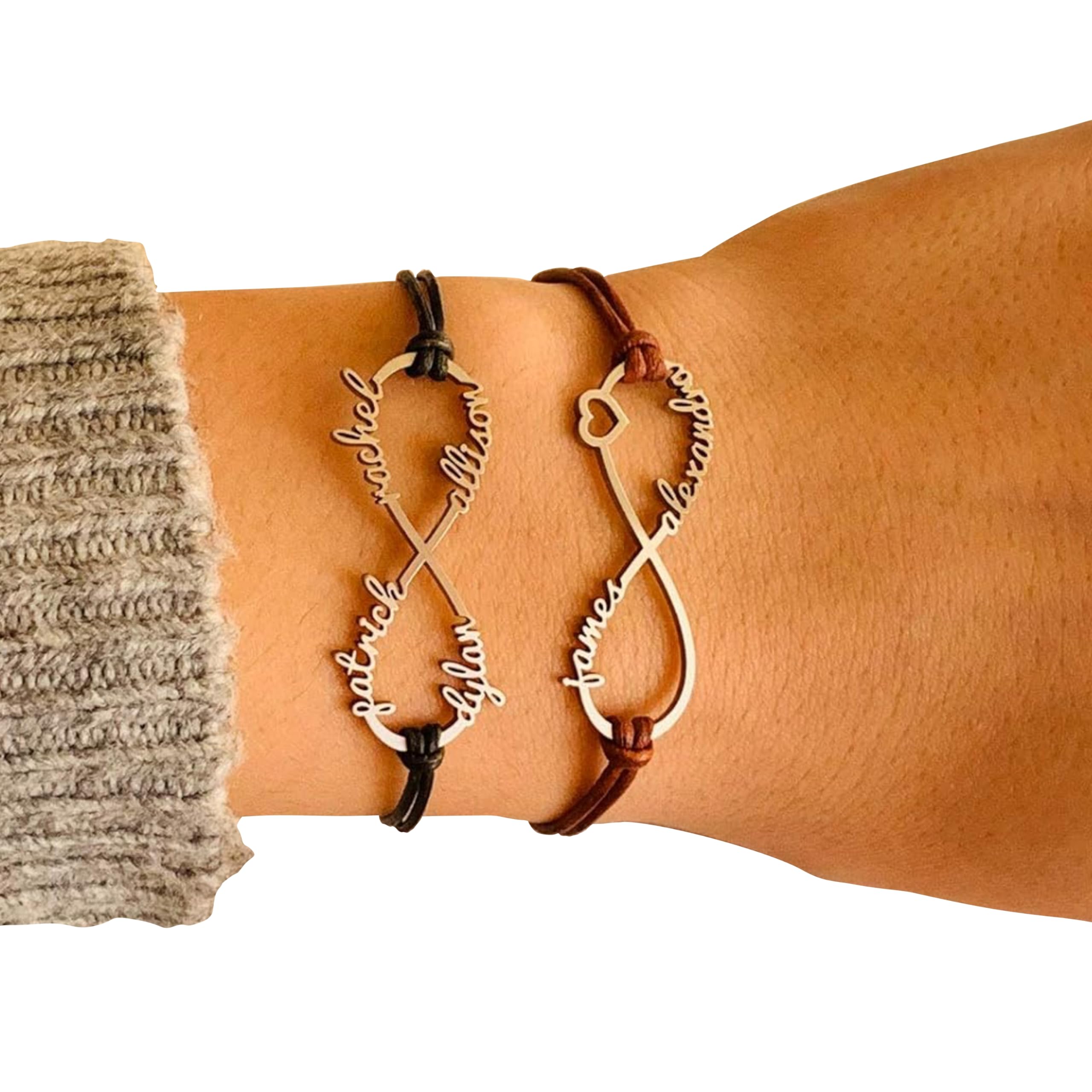 FranJohnsonHousePulsera Personalizada Infinito con Nombre, Regalo para mujeres de San Valentín, Día de la Madre, Cadena de cuero, Corazón de amor hecho a mano, Acero inoxidable, Nombres de niños, Hasta 4 nombres