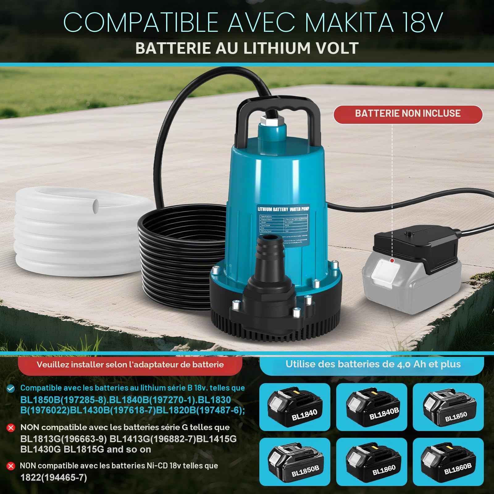 Pompe submersible sans fil compatible avec batterie Makita 18 V (sans batterie), débit de 2800 l/h, hauteur de refoulement 12 m, câble de raccordement de 5 m, tuyau d'écoulement de 10 m, pour piscine