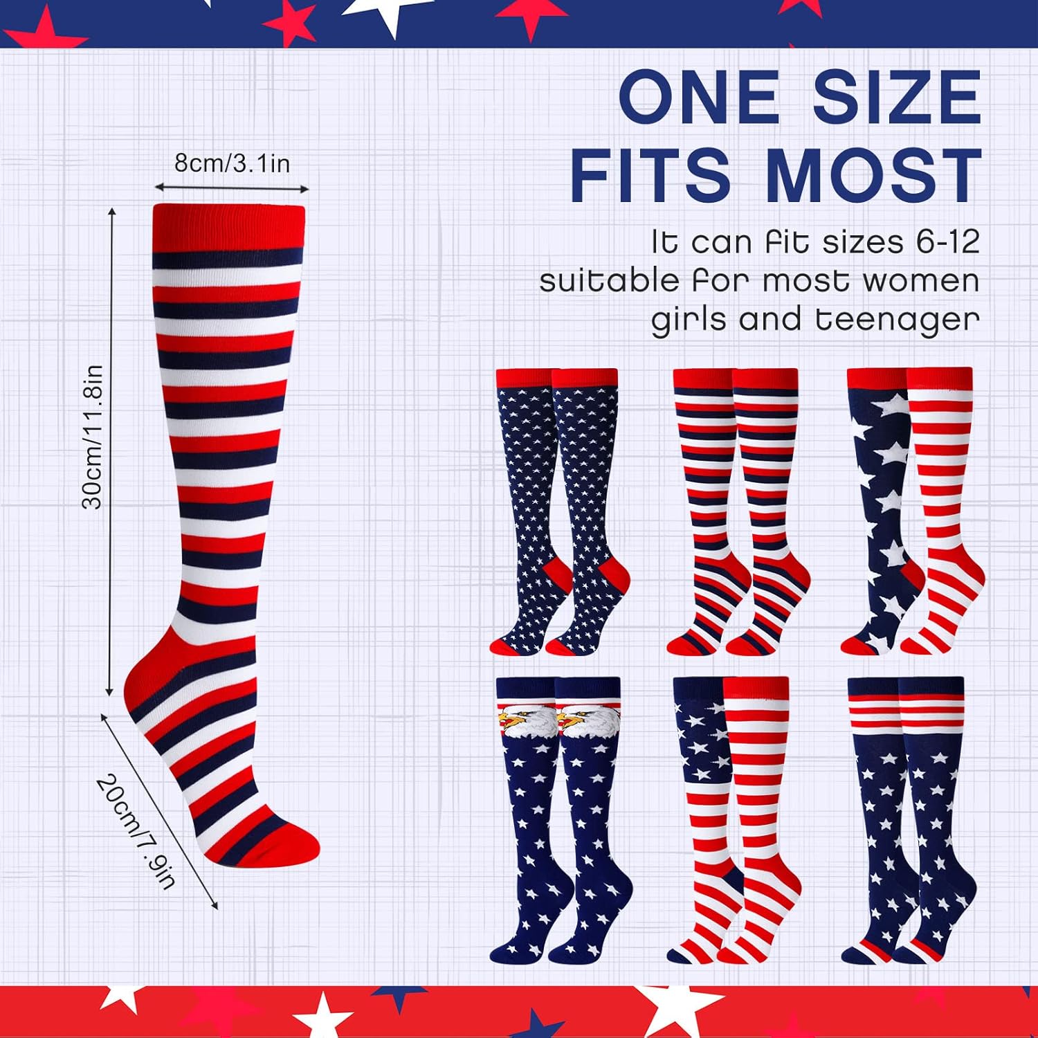 6 Pairs American Flag Socks for Women, Knee High USA Socks for 4th of July Patriotic Stars Funny Gifts - Image 4