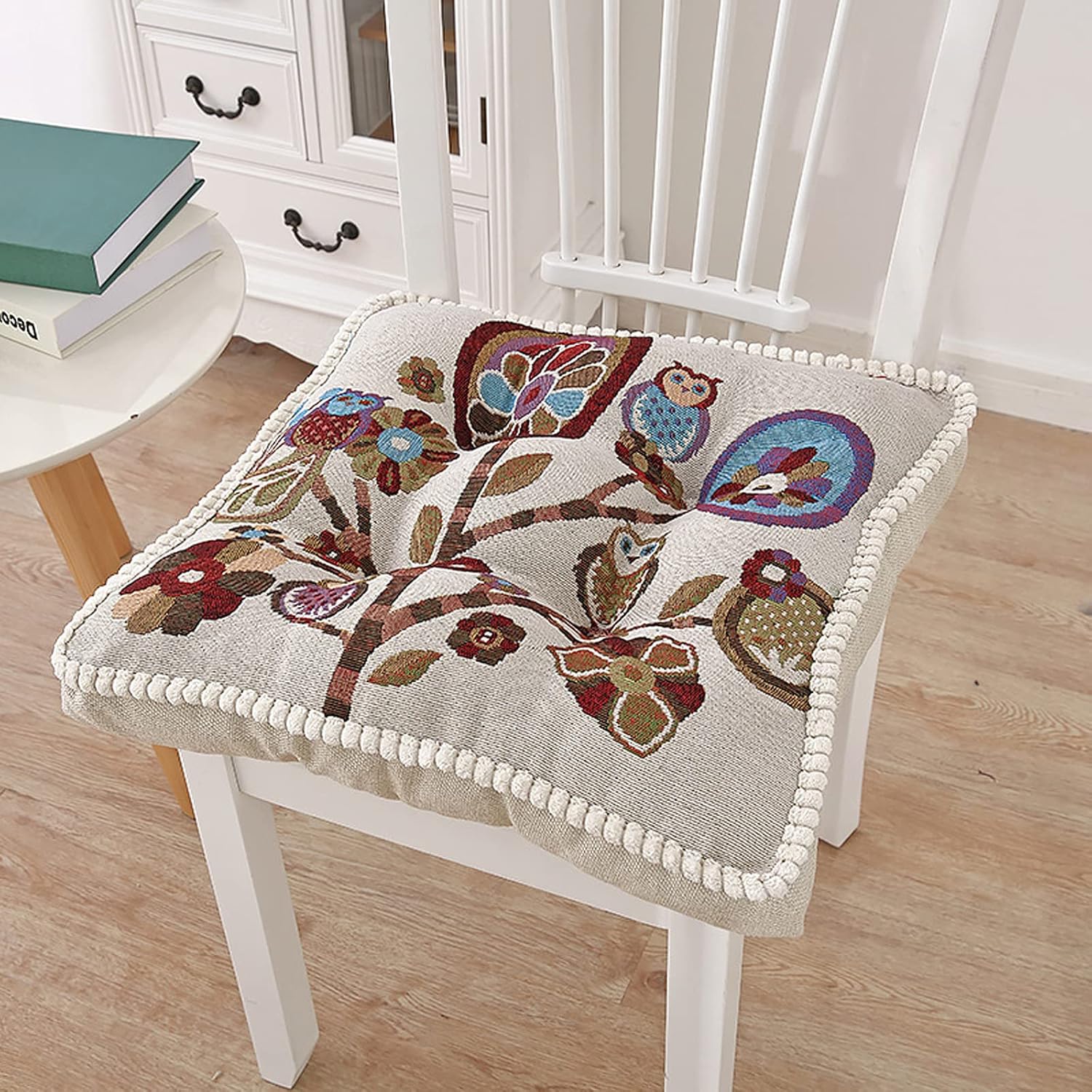 ATGRTREE Embroidered Square Chair Pad with Pompoms Side