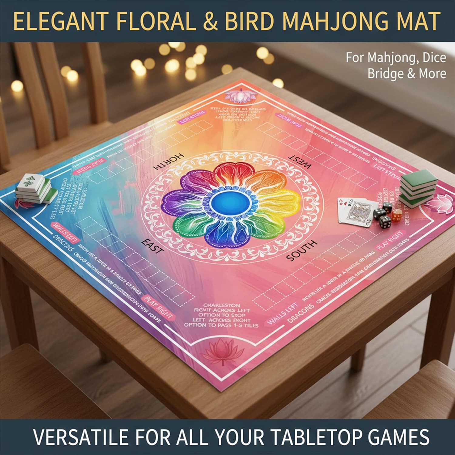 Mahjong Mat for Table with Flower Pattern, 31.5x31.5 Inch Mahjong Mats with Printed Rules and Storage Bag, Suitable for Family Gaming Activities (Colorful)