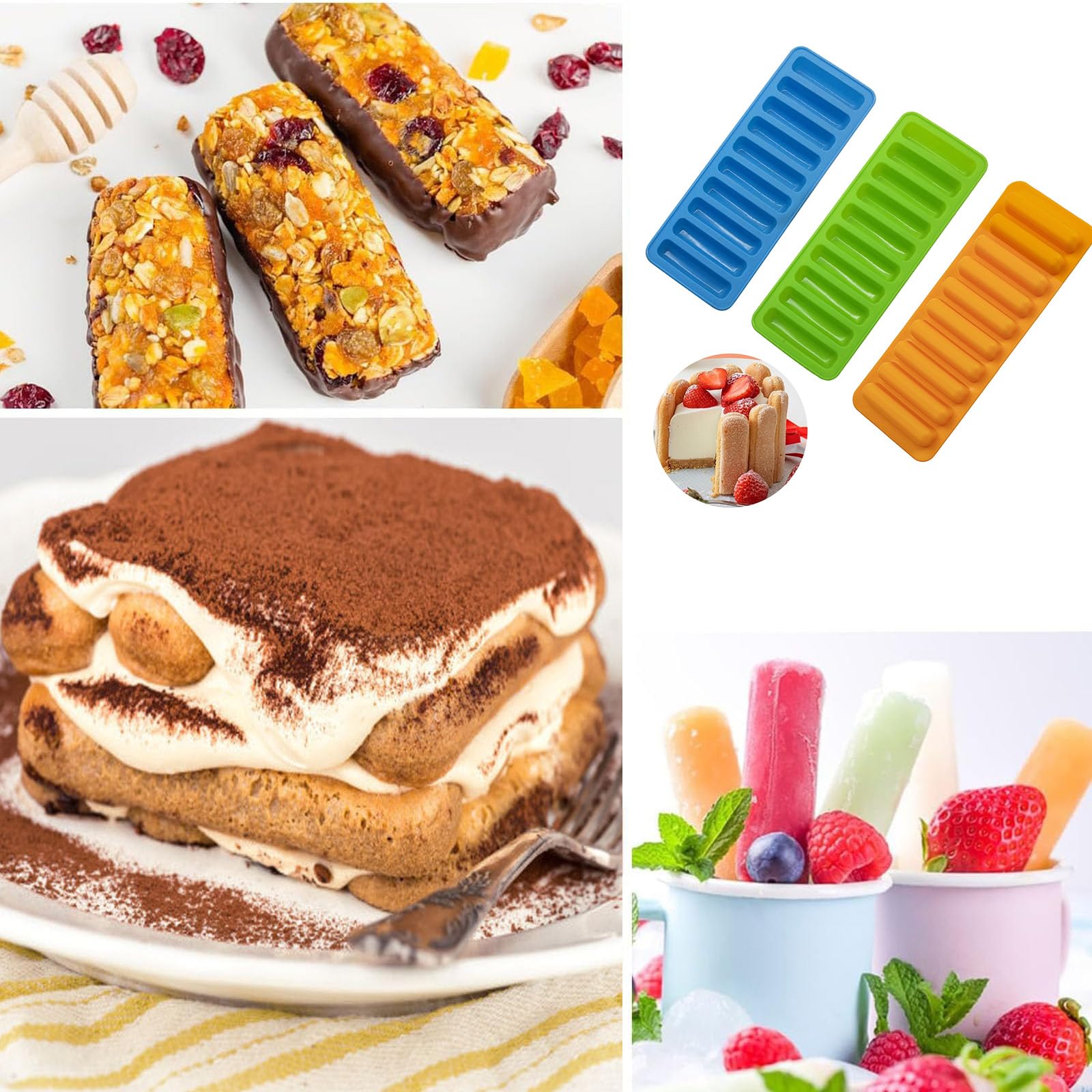 3 Piezas Molde para Barritas Energeticas, 10 Cavidades Molde de Silicona para Barritas de Cereales, Molde de Silicona Rectangular para Hacer Barritas Bizcochos, Muffin, Brownie, barras de chocolate