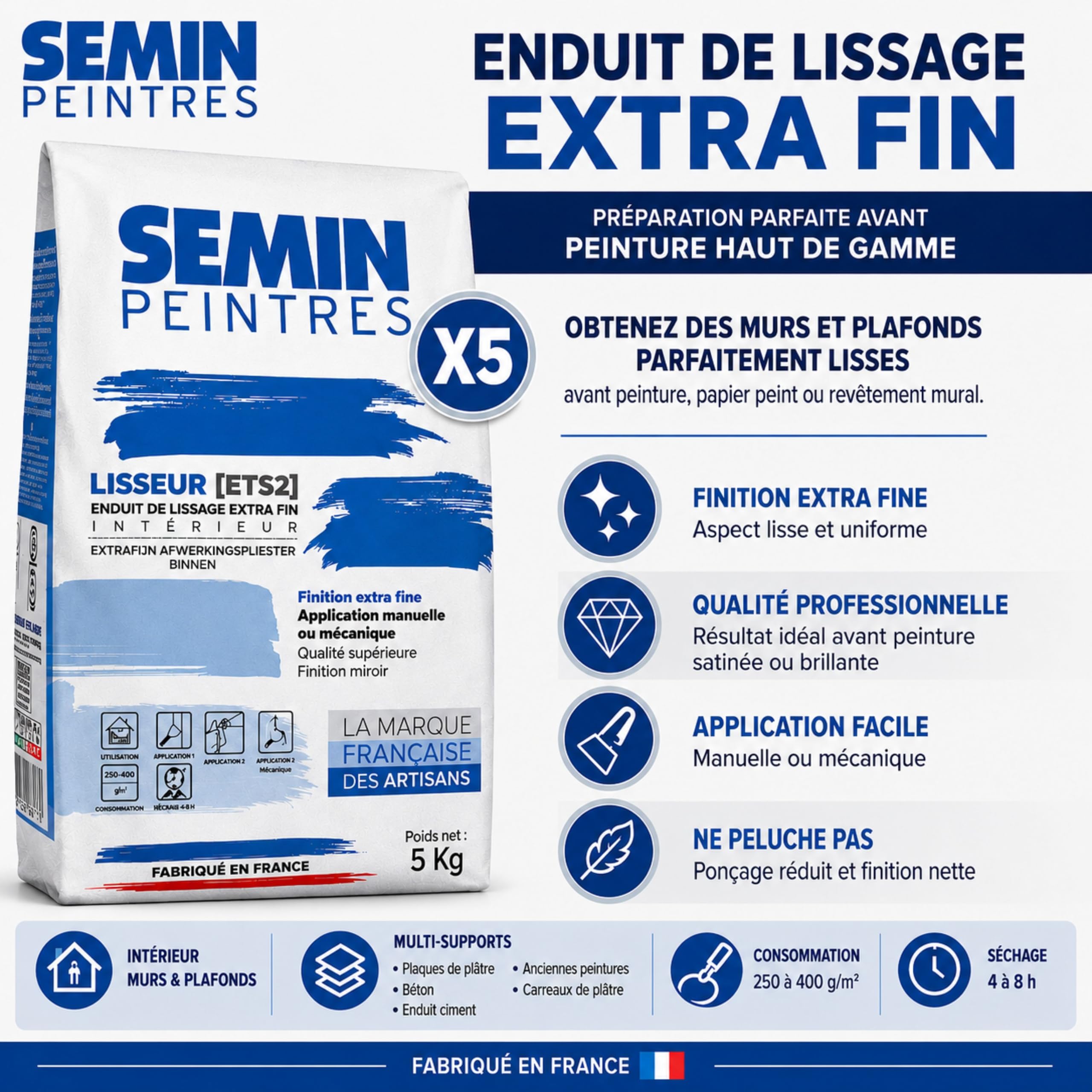 SEMIN LISSEUR Enduit de Lissage Extra Fin en Poudre 5 kg – Finition Murs et Plafonds Intérieur – Avant Peinture et Papier Peint - Fabriqué en France -Lot de 5
