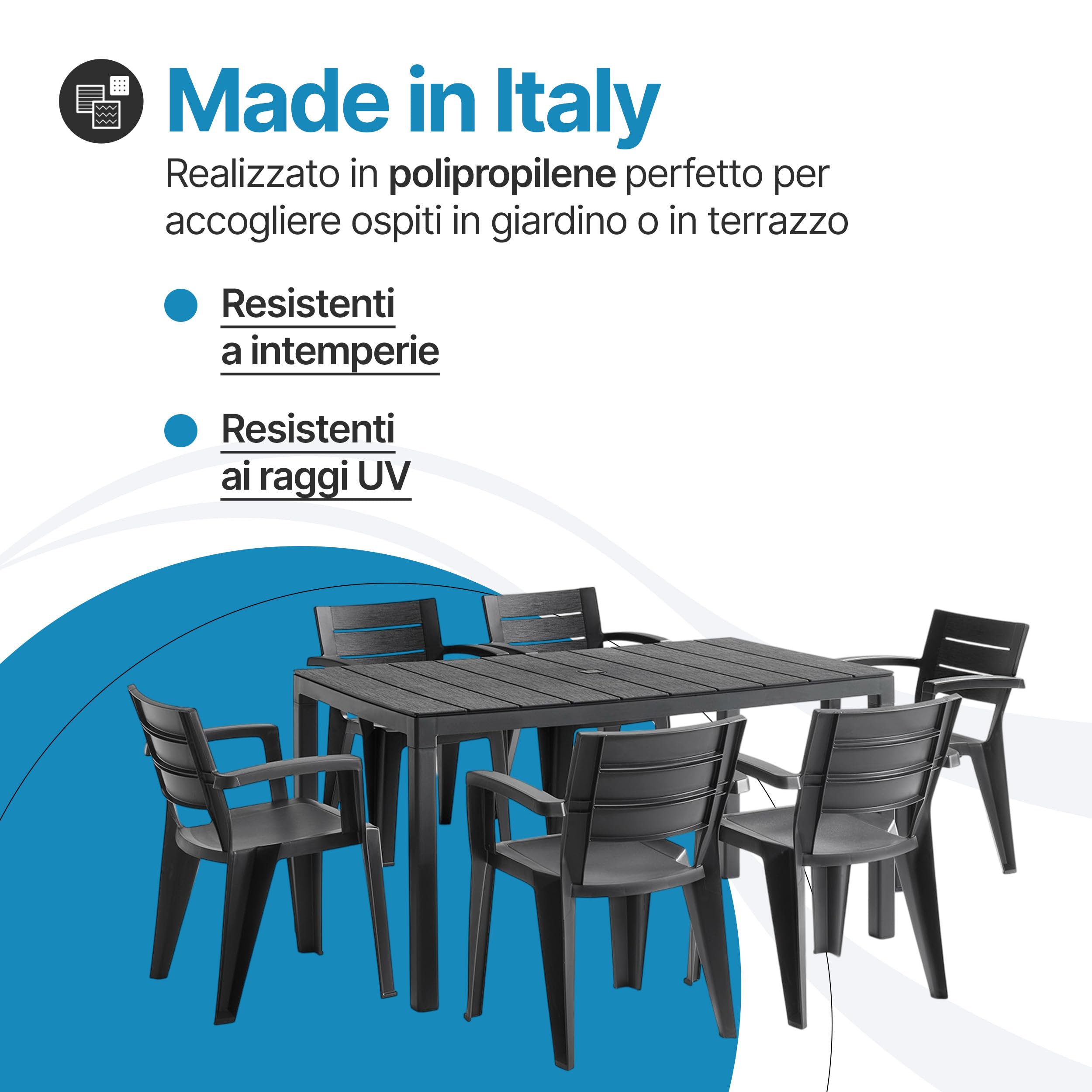 Tomaino Set Savana Tavolo da Giardino con 6 Sedie in Plastica Allungabile Nero
