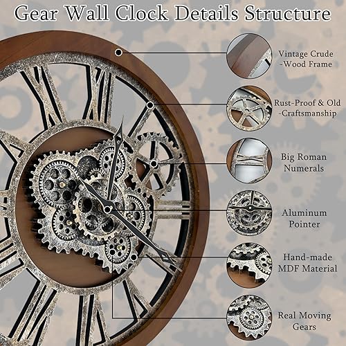Miniatura 3 de HOIBAI Relojes para decoración de sala de estar, reloj de pared grande de 24 pulgadas (23.6 in), reloj de pared con engranaje móvil, reloj de pared