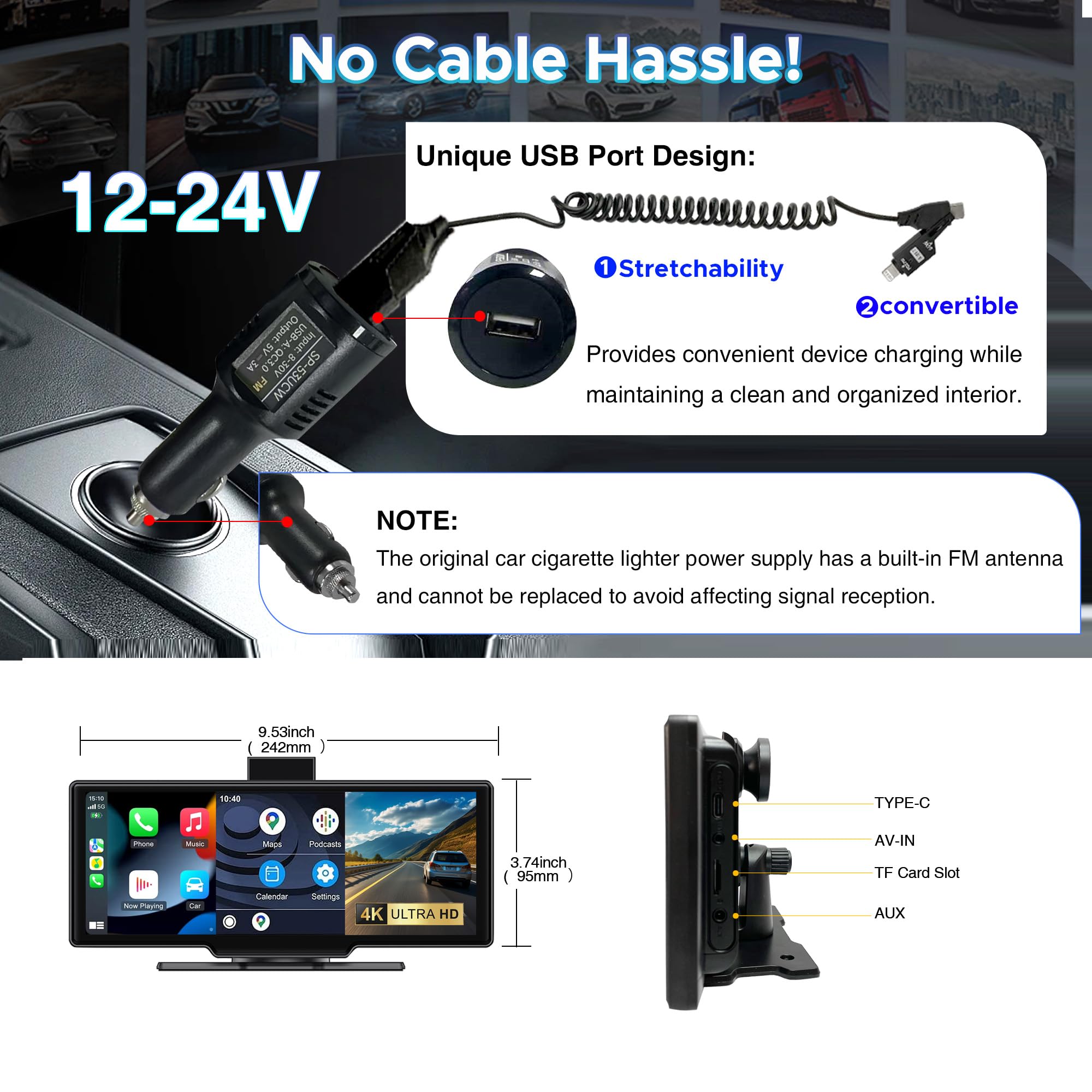 10,3" Tragbares Autoradio Wireless CarPlay Android Auto 4K Dash Cam