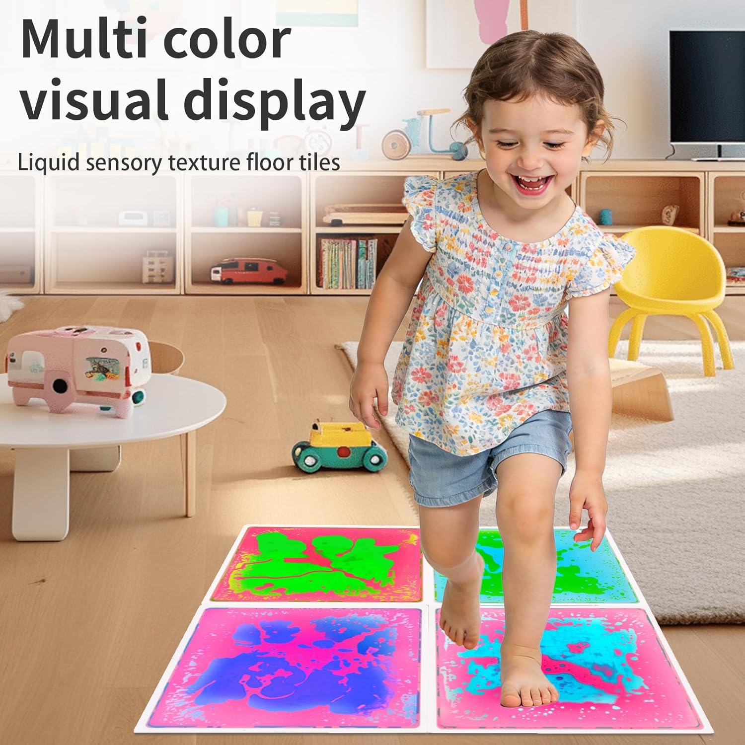 Sensory Liquid Floor Tiles for Kids: Liquid Fusion Activity Mat 4 Pack with One-Piece Glue-Free Sealing - Autism Toddler Must Haves Educational Sensory Water Play Mats Indoor（12x12inch）