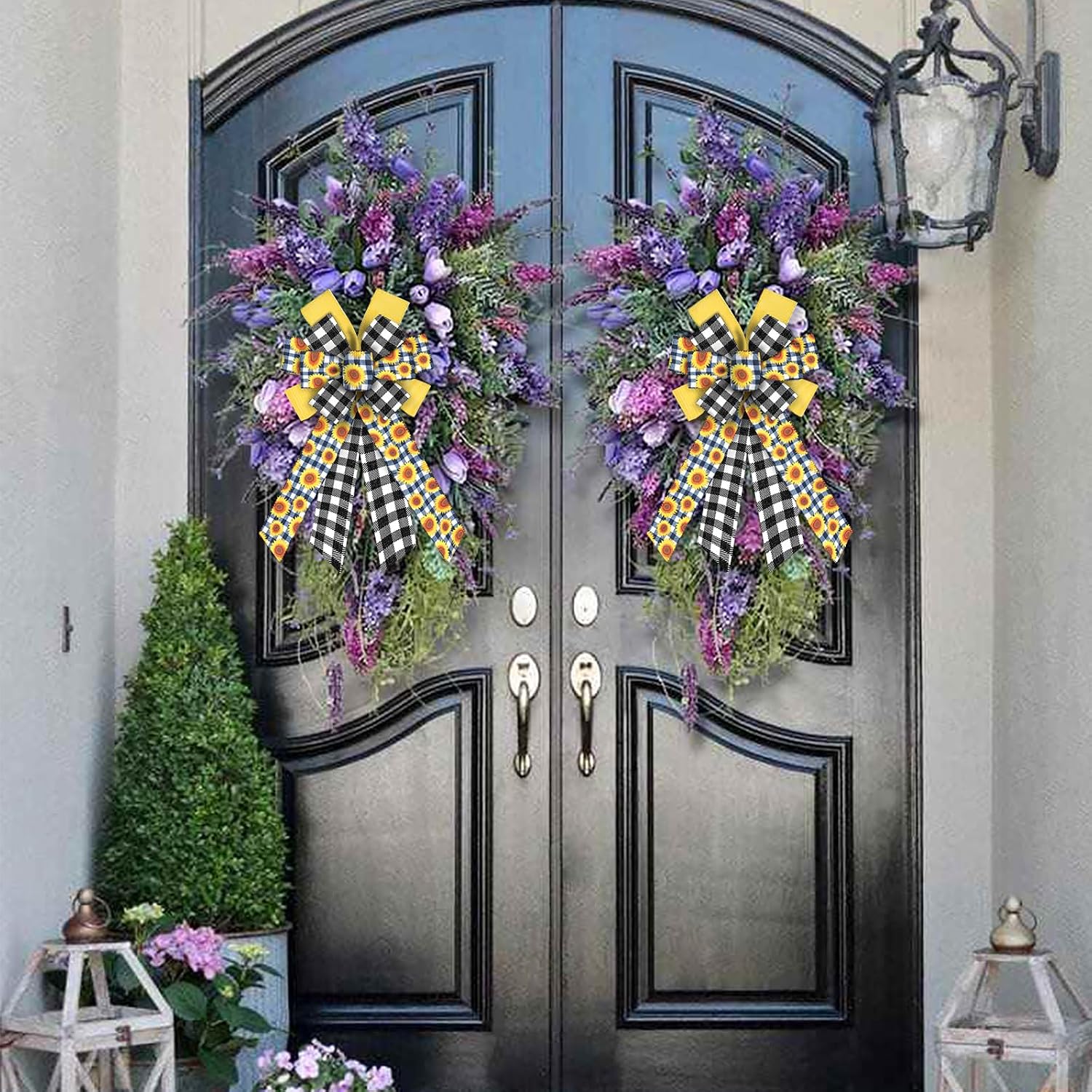 Estivaux Large Spring Bows for Wreath, Sunflowers Wreath Bow Black White Buffalo Plaid Bows Holiday Farmhouse Craft Bow for Front Door Party Decorations