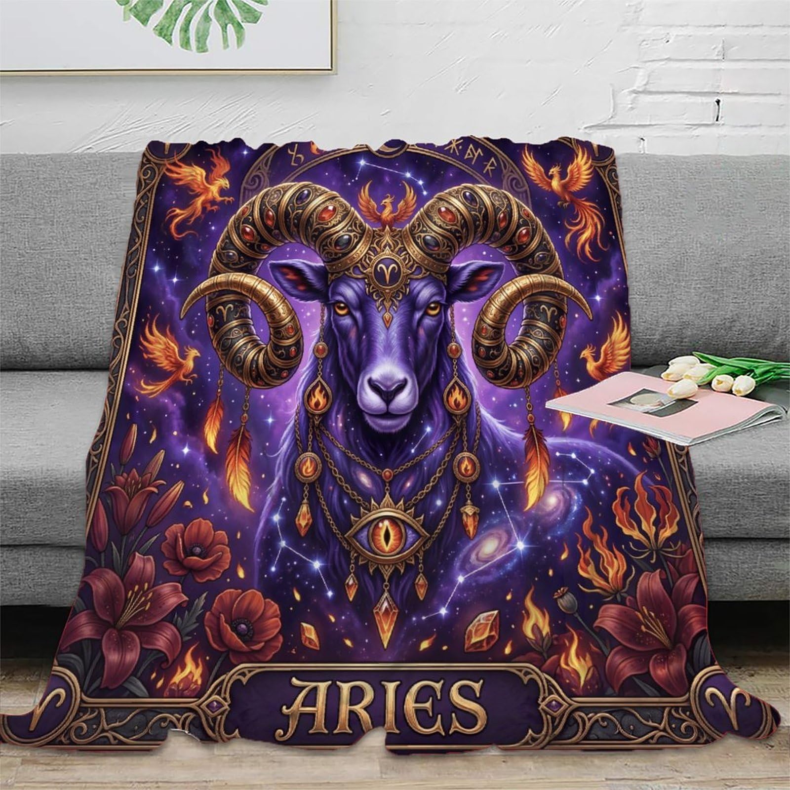 W7C8U2X3 Aries Zodiac Mystical Ram for Soft Throw Blanket, Sofa Living Room