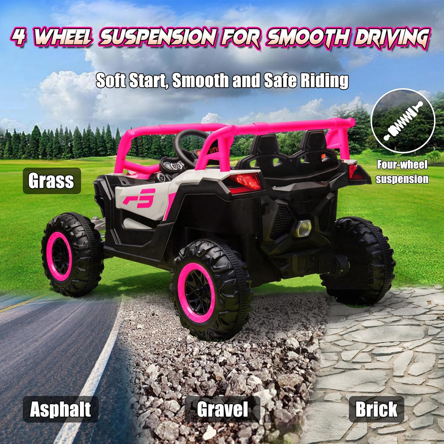 Electric Car for Kids, anrli 24V Ride on Car Battery Powered Off-Road UTV w/Remote Control, 3 Speeds, 4x150W Powerful Motors, 18" Seat, Bluetooth, MP3, Electric Vehicles with Big Pull Bow