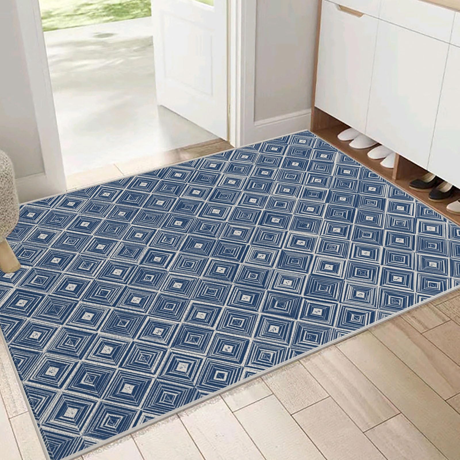 Tapis Lavable Losange Rayé, Antidérapant Géométrie Orientale, Résistant Aux Taches pour Intérieur, Décoration pour Salon, Chambre À Coucher, Bureau - Bleu Marine - 80X150Cm