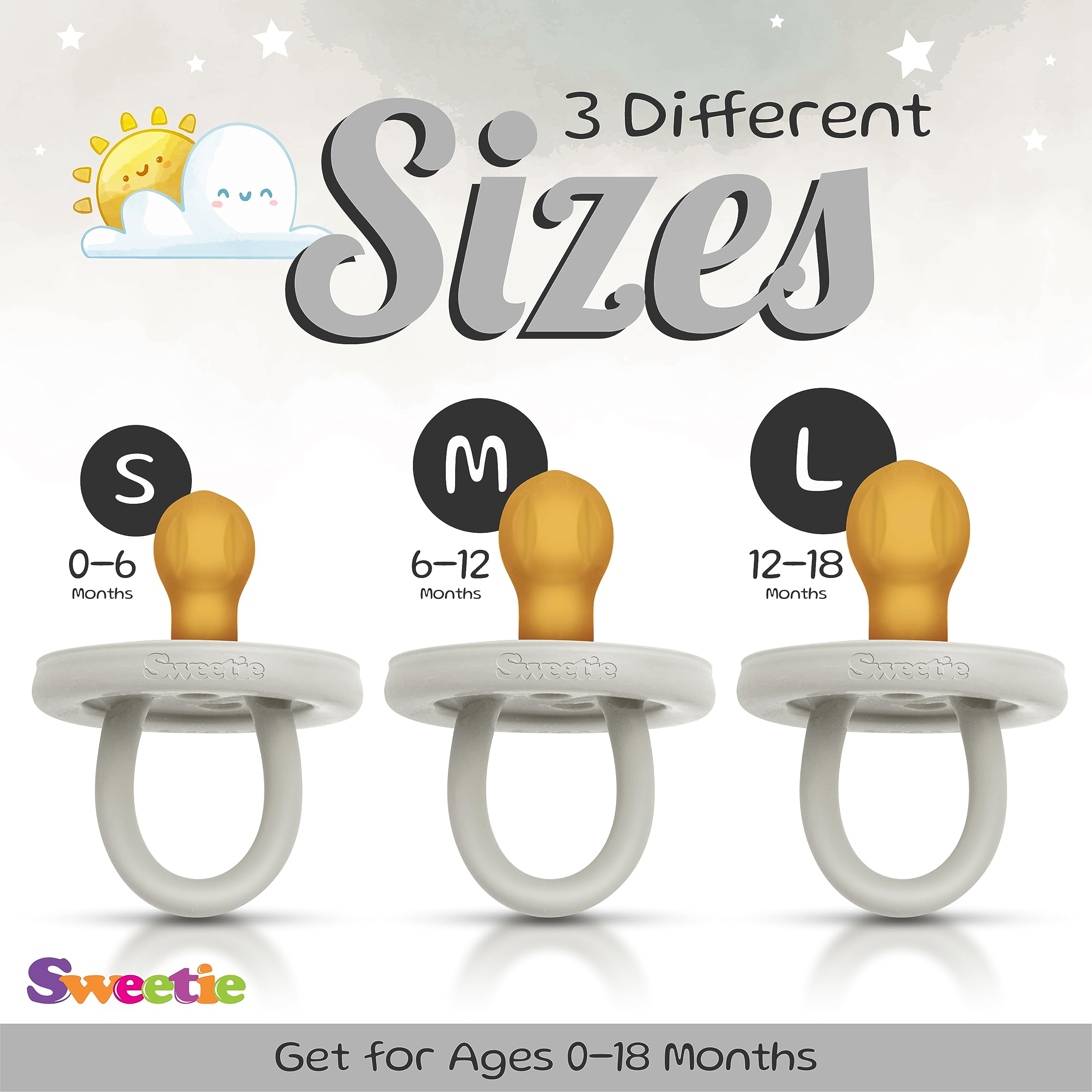 SWEETIE Rubber Pacifier Natural Rubber Pacifier Rounded Grey Large 12-18 Month