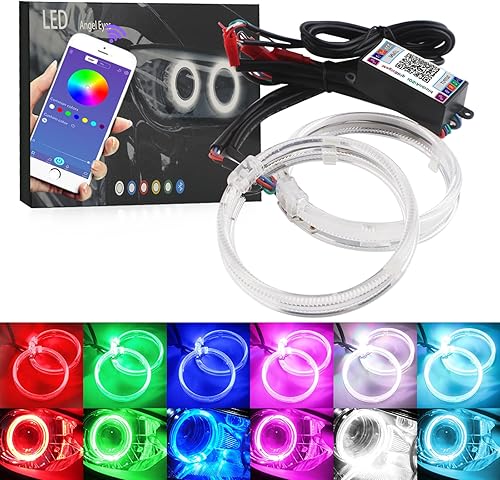 Miniatura 1 de Qasim Anillo de halo óptico con guía AngelEyes de 3.150 in RGB para iOS, Android, control Bluetooth, ojos de ángel coloridos para automóvil,