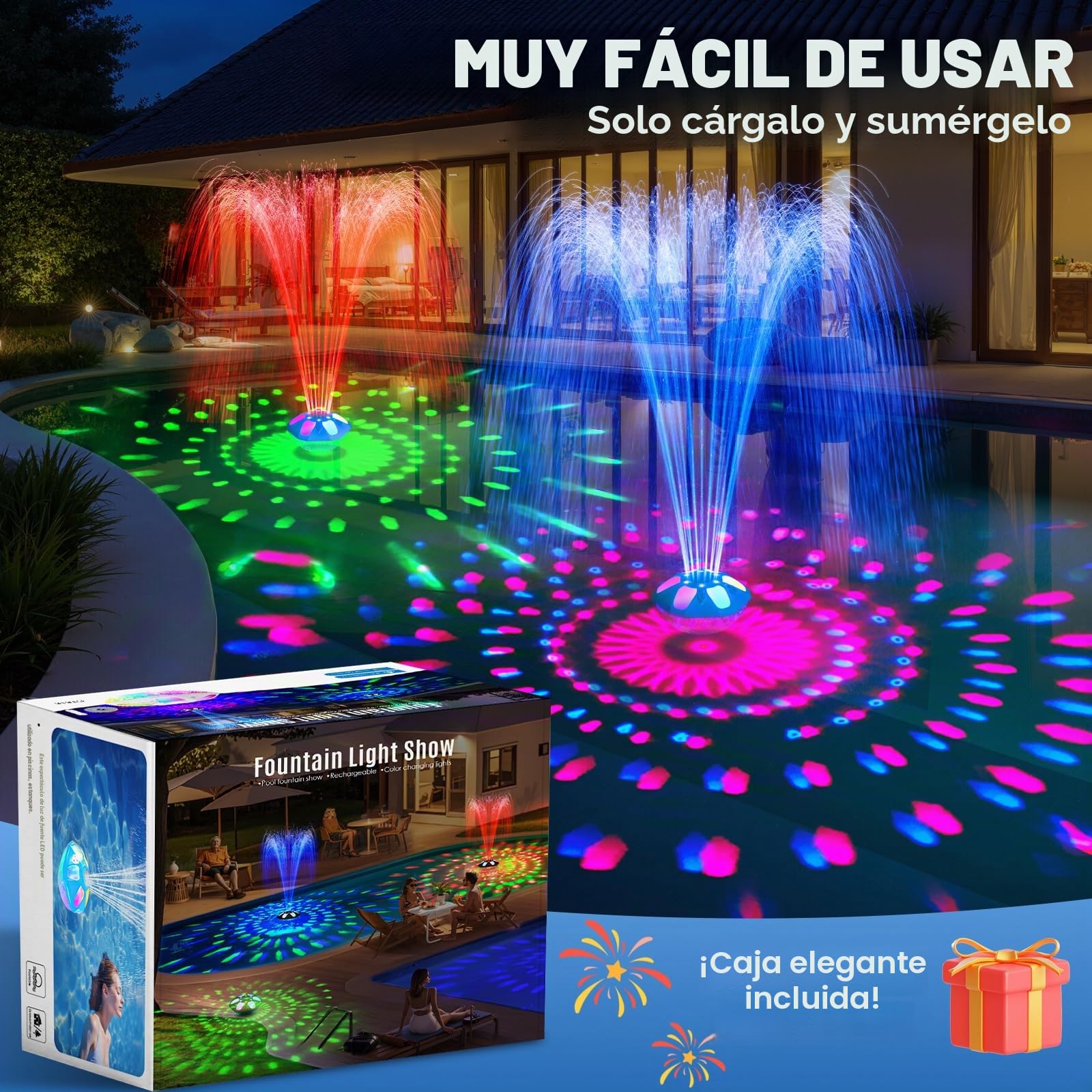 KingSom 2026 Última Fuente Flotante Piscina con iluminación LED Alta y Baja, Fuente de Piscina Recargable con Botón, 2 Modos de Chorro y 12 Modos de Luz,Impermeable IP68 Fuente para Piscinas con Ancla