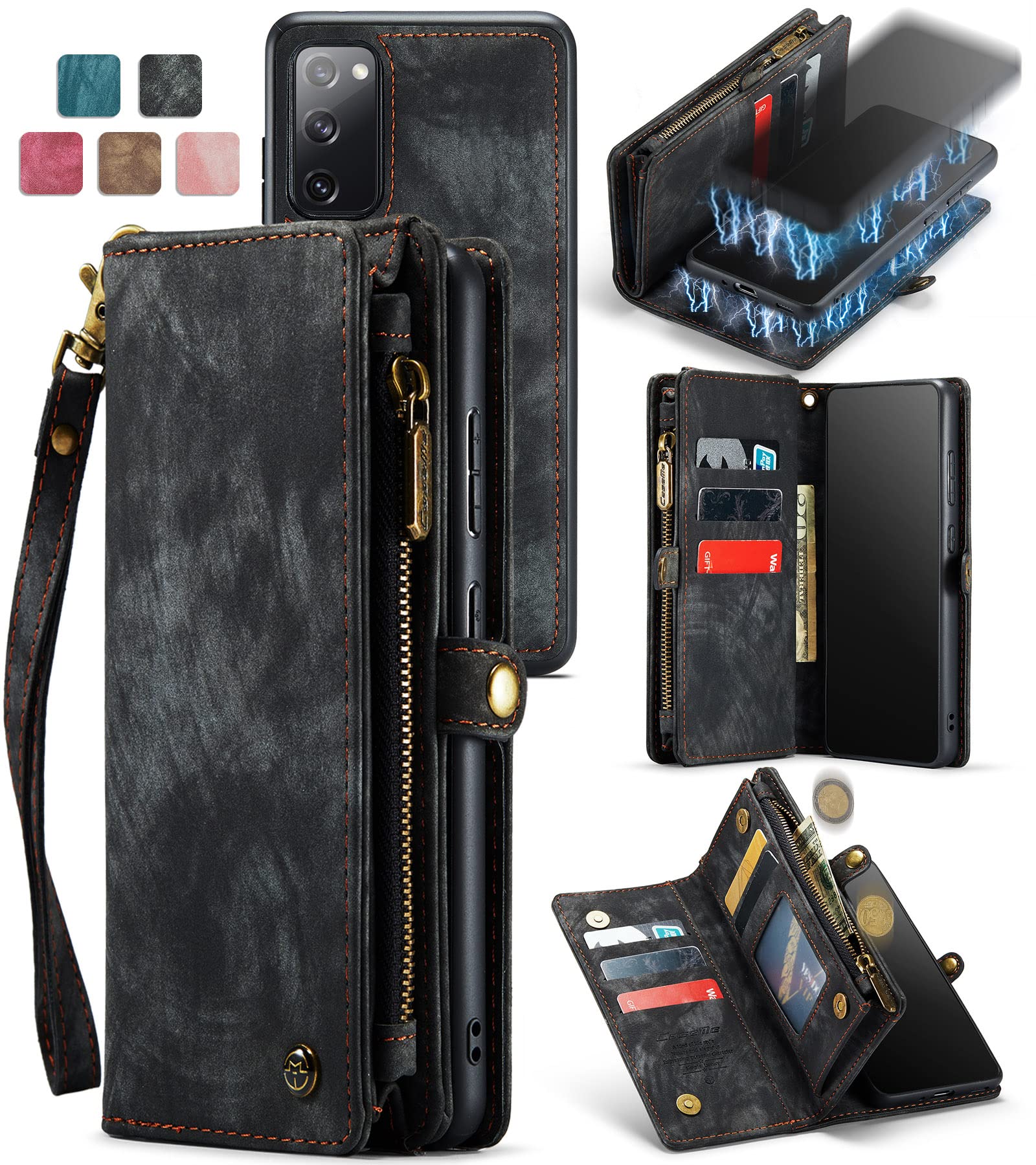 Arlgseln Case for Galaxy S20 FE, Genuine Leather Wallet Detachable Magnetic Cell Phone Cover Zipper Purse RFID Blocking Card Slot Holster for Samsung Galaxy S20 FE 2020 6.5 inch (Black, S20 FE)