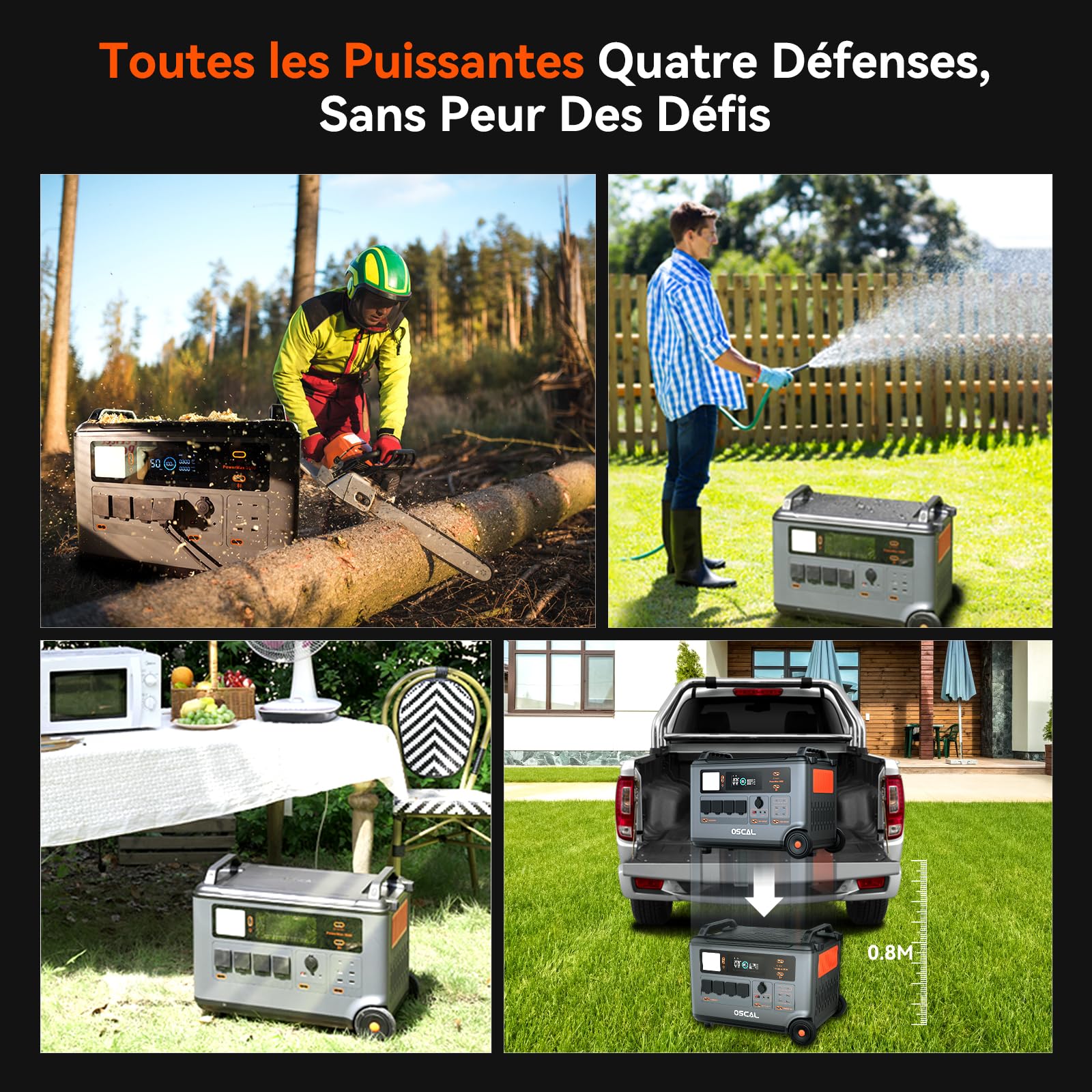 Station d'énergie portable OSCAL PM3600+2*PM200, Batterie de secours domestique LFP 3600Wh, Charge complète 1.2H,Générateur solaire pour le camping, le camping car, avec 2 panneaux solaires 200W